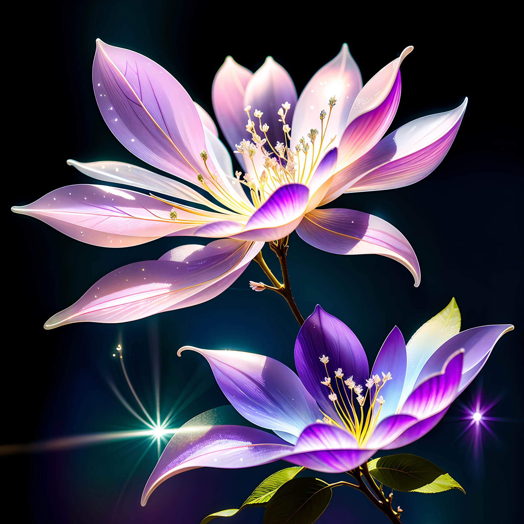 branch of delicate lilac flowers, super transparent, holy light, beautiful spectral light, petals glow, flashing, dark background, drops of transparent light, reflective light, bright, light streaming in, optics, portrait profile, sharp focus, magical, intricate, ultra realistic, fantasy, composition, light, trend on artstation, pearl, patronus cloud of silvery vapor, corrosive enveloping ray family, 8k, ureal ar 23v4 uplight