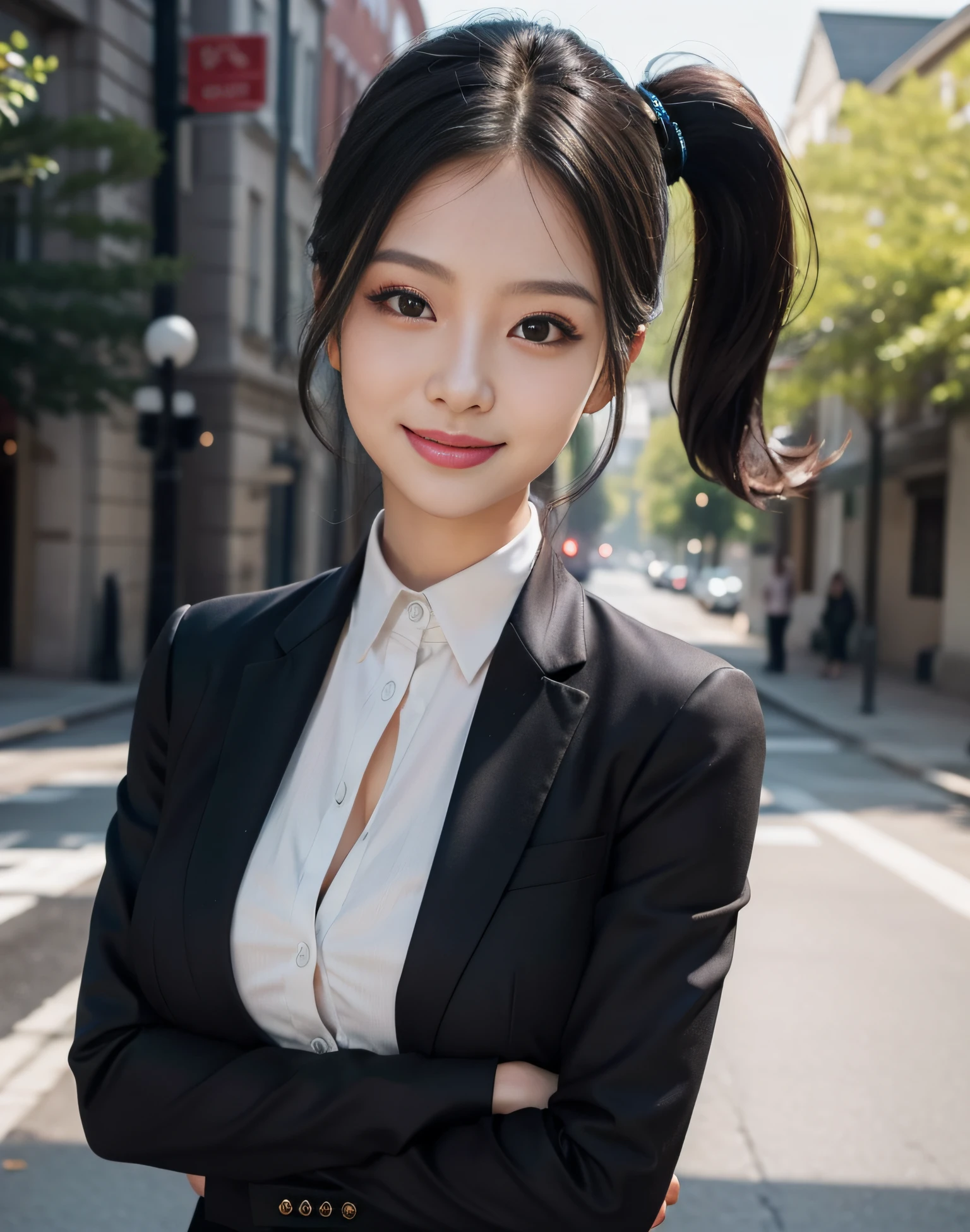 Beautiful woman with tight shirt, women's suit uniform, big breasts, big eyes, light smile, 8k, perfect body, very fine face, delicate lips, delicate eyes, double eyelids, ponytail hairstyle, dark black long straight hair