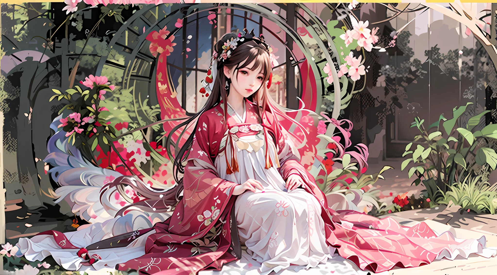 anime girl sitting in a garden with flowers and a bird, palace , a girl in hanfu, official artwork, by Yang J, alphonse mucha and rossdraws, artistic render of reimu hakurei, digital art on pixiv, ((a beautiful fantasy empress)), gilded lotus princess, anime fantasy illustration, a beautiful fantasy empress, digital anime illustration