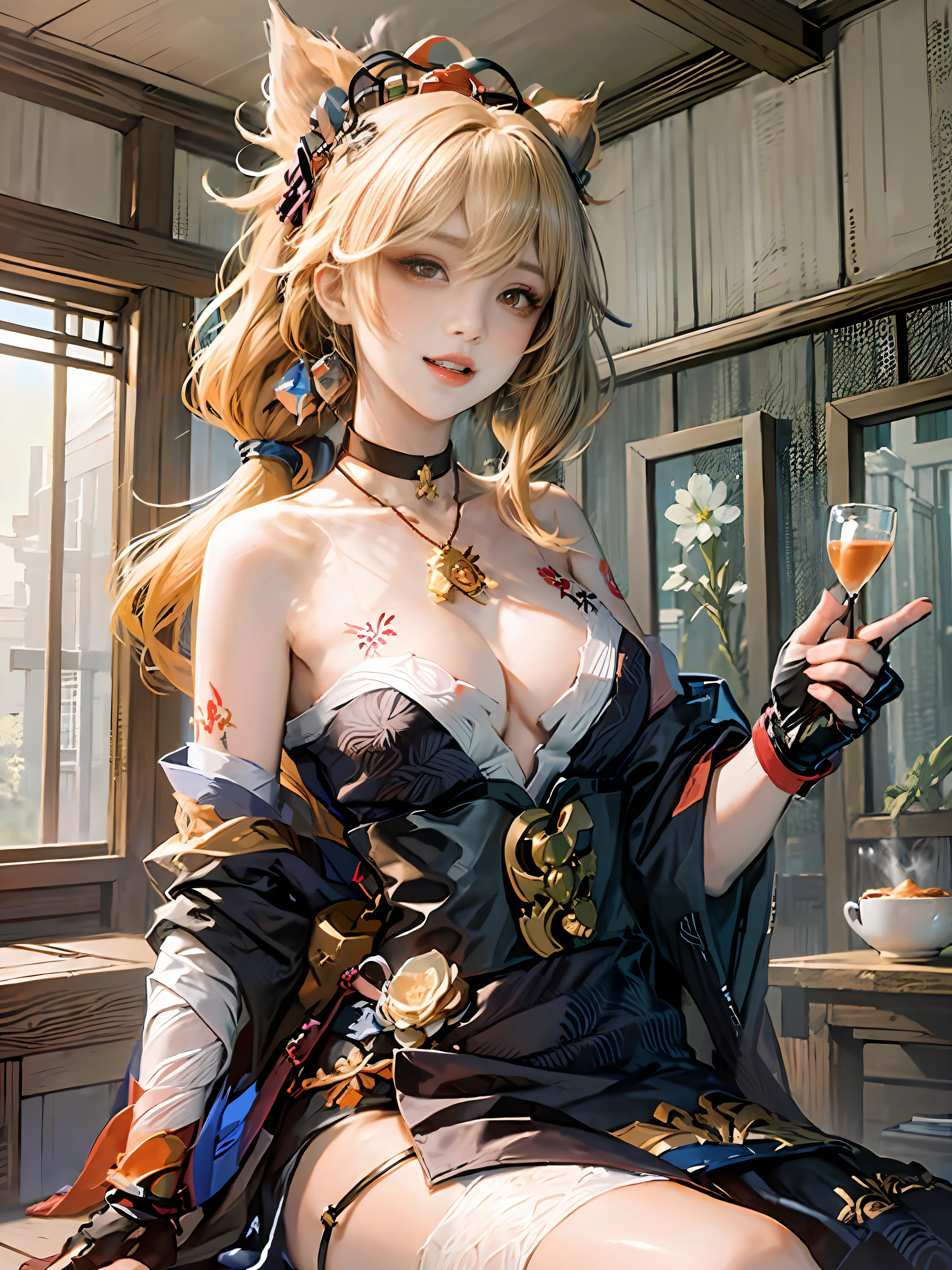 Whisper of Nature, Alphonse Mucha, Gustav Klimt, Elegant Figures, Organic Motifs of Anthony Gaude, Ren Lalick,
1 Girl, Solo, Coffee Shop, Chat, Laughter, Laptop, Coffee Cup, Friendship, (NSFW: 0.85), Thigh,
(elegant calm, evocative atmosphere, magnetic presence, delicate seduction, charming mystery: 0.9), 1girl, blonde hair, medium hair, asymmetric hair, floating hair, hair between eyes, high ponytail, side hair, hair accessories, fish hair accessories, tassels, kanzashi, bangs, orange eyes, open mouth, smile, teeth, upper teeth only, collar, red collar, pendant collar, butterfly collar, collarbone, tattoo, chest tattoo, flower tattoo, cleavage, medium breasts, thighs, bandage, bandage leg, sarashi, budget sarashi, chest sarashi, black belt, hadanugi dousa, houkisei, japanese clothing, kimono, kinchaku, obi, obiage, obijime, orange kimono, pouch, printed kimono, rope, belt, shimenawa, short kimono, single bare shoulder, vision (genshin impact),