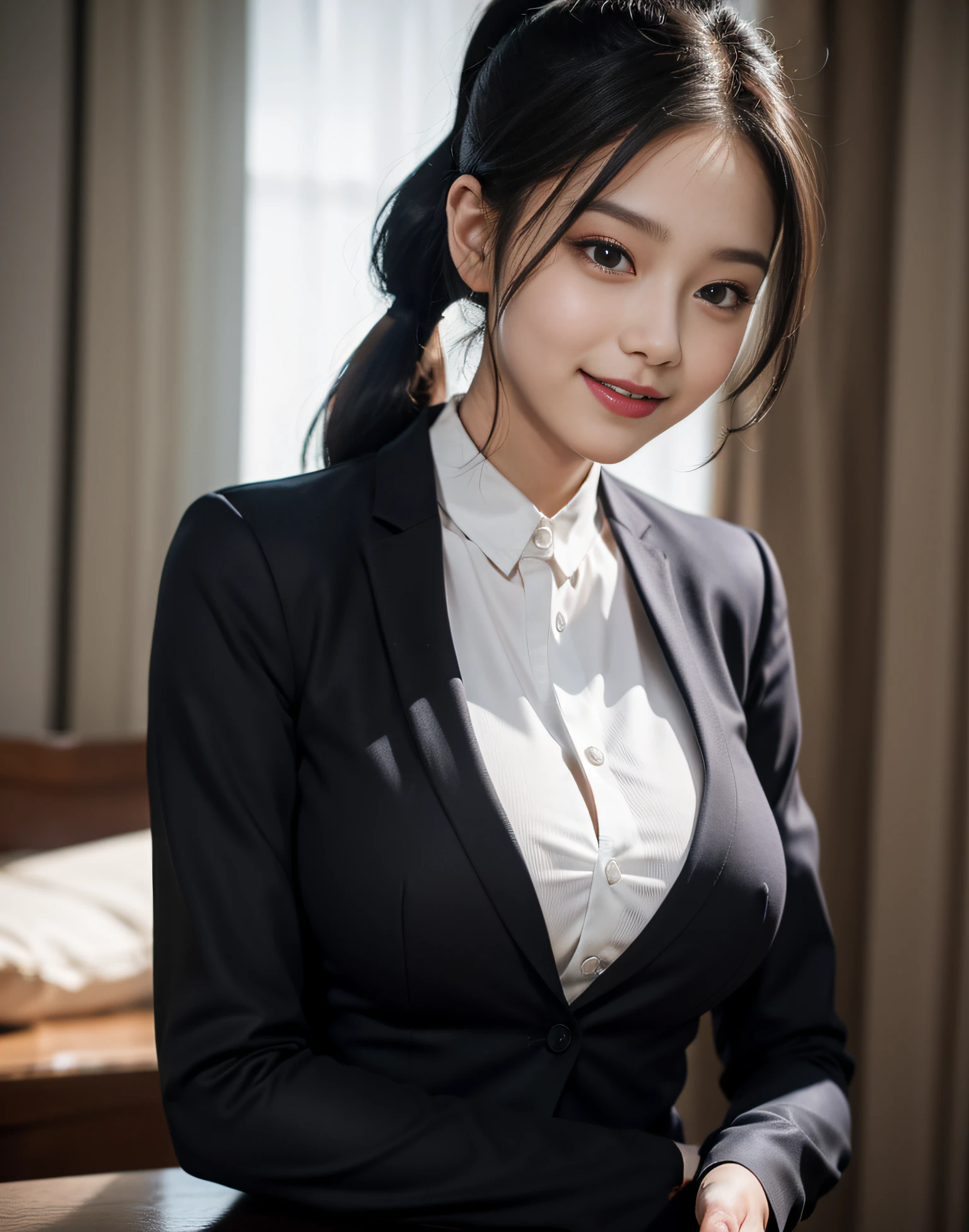 Beautiful woman with tight shirt, women's suit uniform, big breasts, big eyes, light smile, 8k, perfect body, very fine face, delicate lips, delicate eyes, double eyelids, ponytail hairstyle, dark black long straight hair