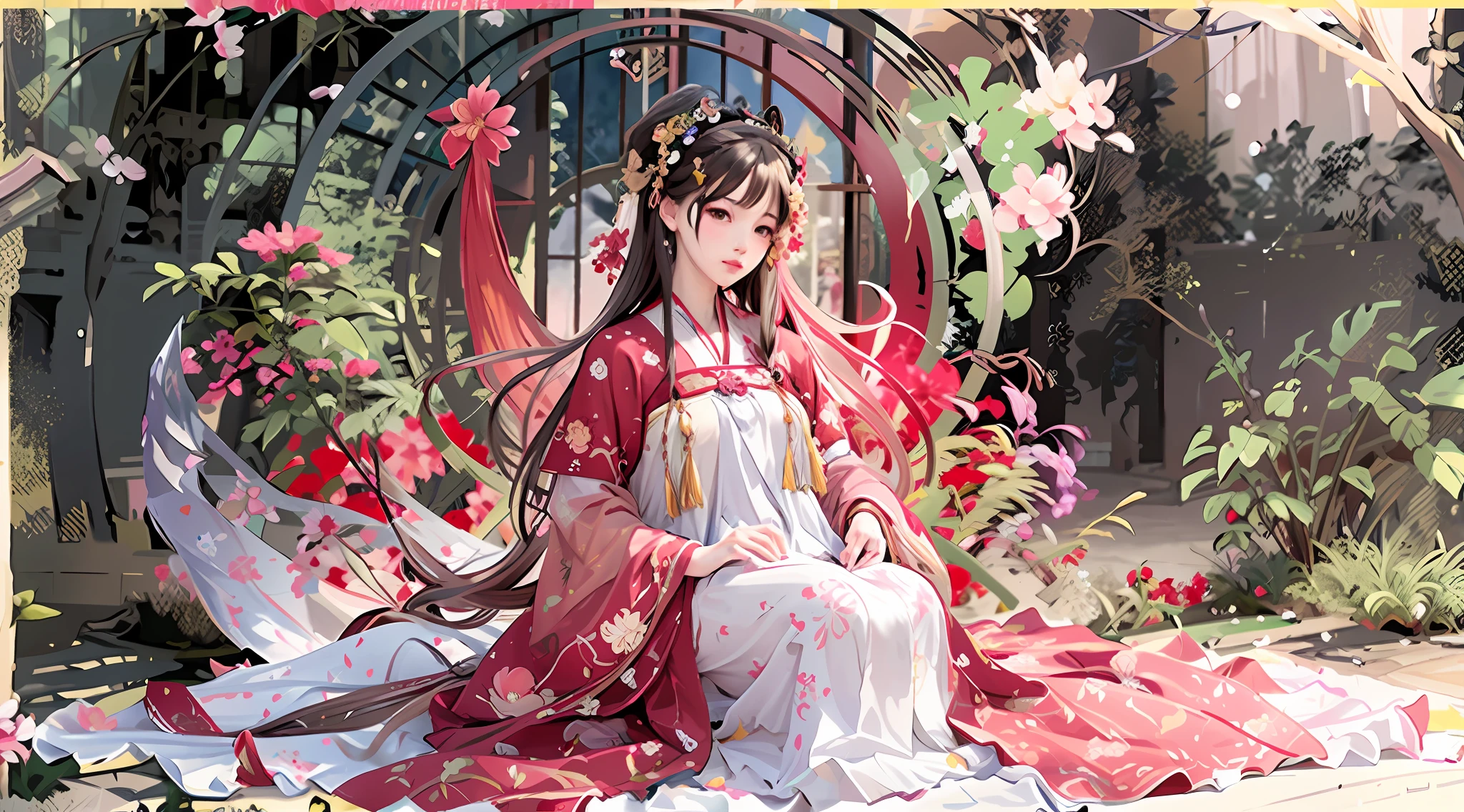 anime girl sitting in a garden with flowers and a bird, palace , a girl in hanfu, official artwork, by Yang J, alphonse mucha and rossdraws, artistic render of reimu hakurei, digital art on pixiv, ((a beautiful fantasy empress)), gilded lotus princess, anime fantasy illustration, a beautiful fantasy empress, digital anime illustration