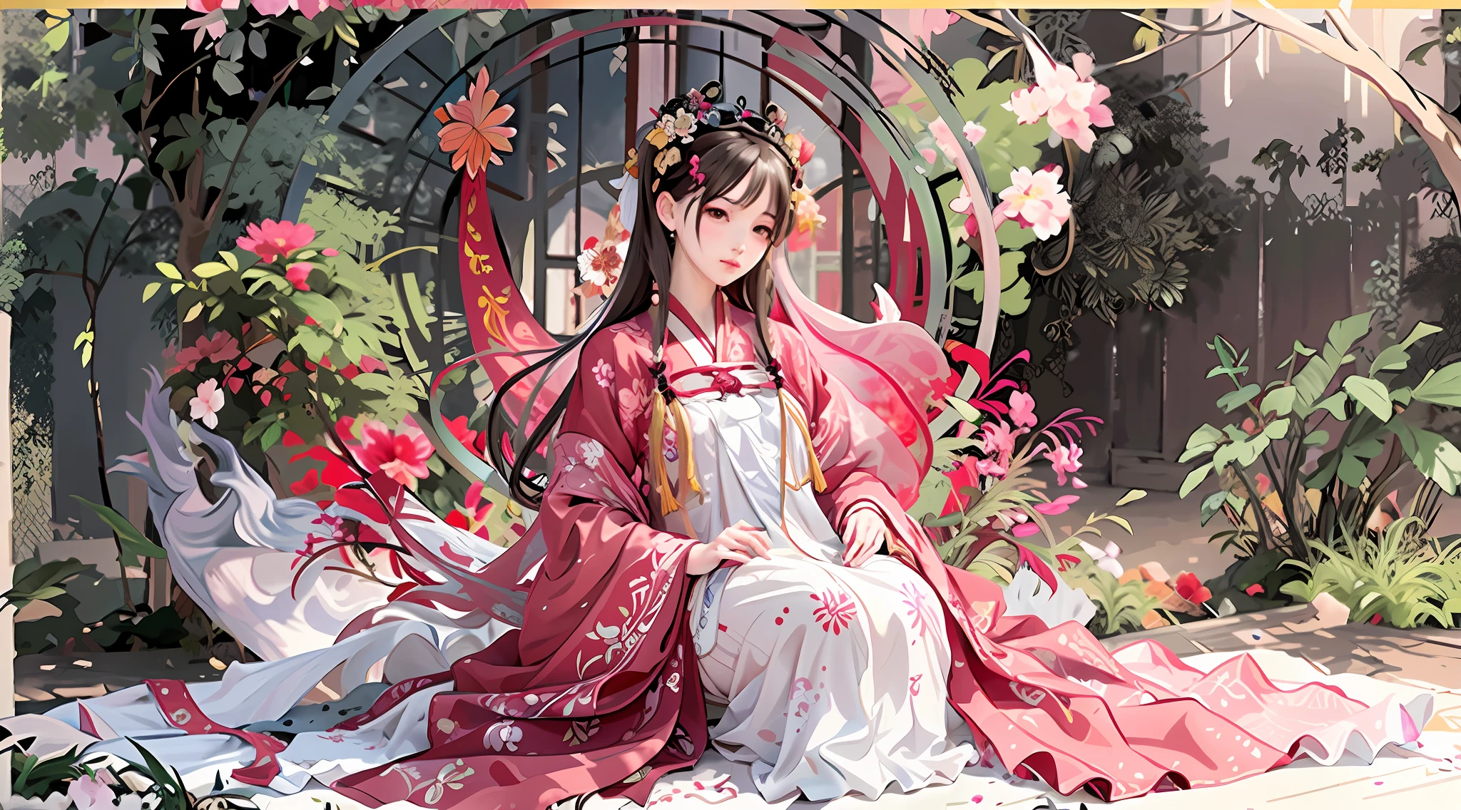 anime girl sitting in a garden with flowers and a bird, palace ， a girl in hanfu, official artwork, by Yang J, alphonse mucha and rossdraws, artistic render of reimu hakurei, digital art on pixiv, ((a beautiful fantasy empress)), gilded lotus princess, anime fantasy illustration, a beautiful fantasy empress, digital anime illustration