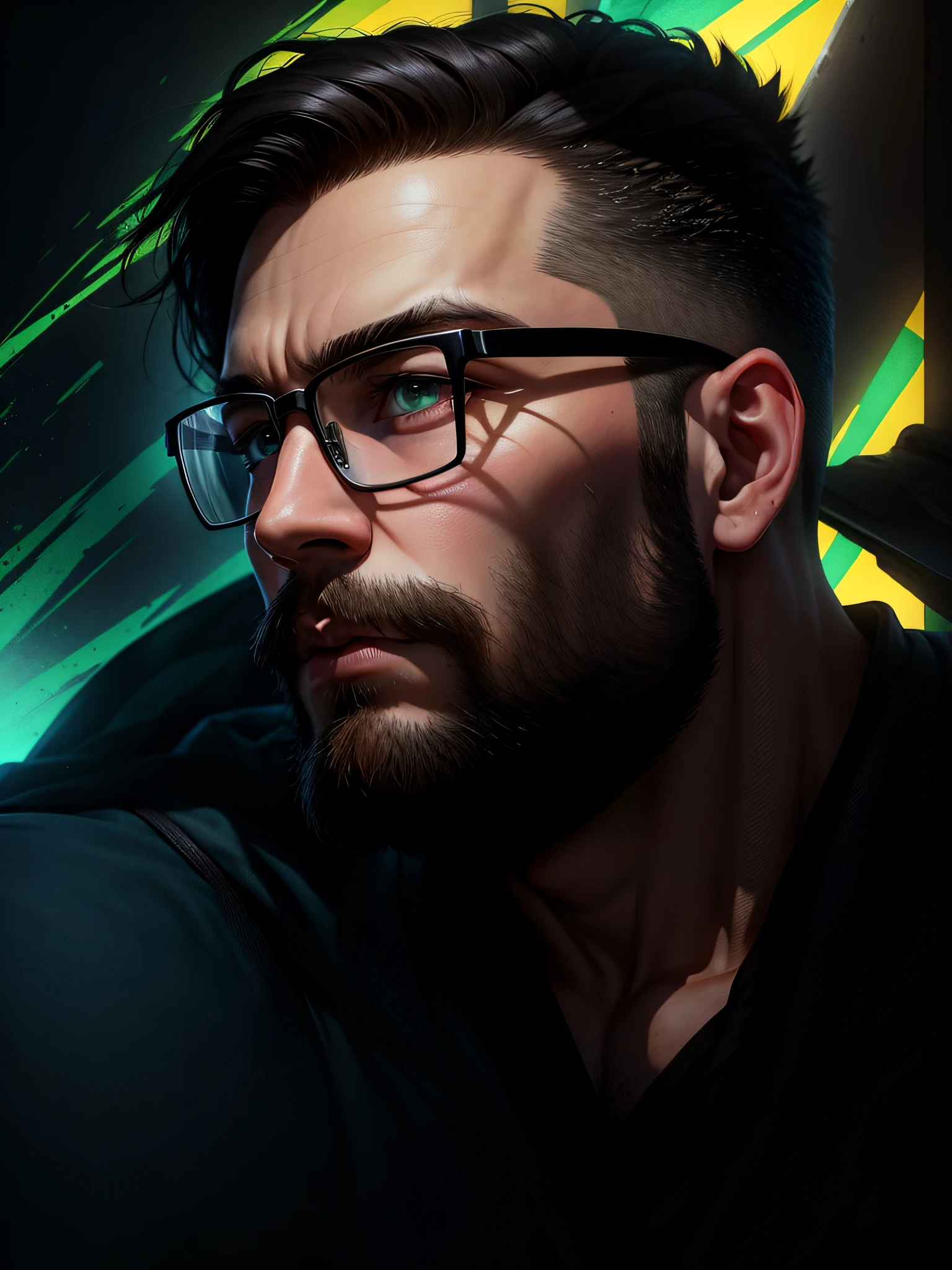 There's a 21-year-old man with glasses and a beard in a room, headshot profile picture, profile picture, mid shot portrait, looking sideways, Twitch streamer/gamer Ludwig, very high quality image, lit from the side, looking to the side off camera, taken in early 2020, half-body headshot, Brazil flag hoisted in the top right corner, Anime-style photo, photo with background of a war --auto --s2