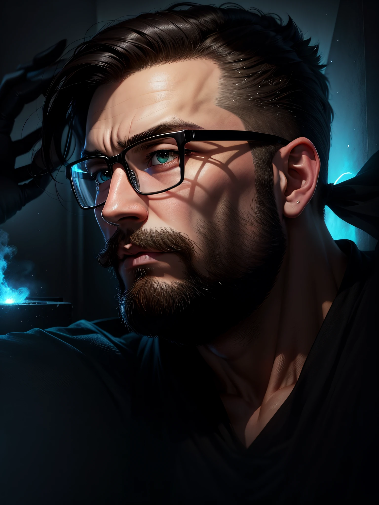 There's a 21-year-old man with glasses and a beard in a room, headshot profile picture, profile picture, mid shot portrait, looking sideways, Twitch streamer/gamer Ludwig, very high quality image, lit from the side, looking to the side off camera, taken in early 2020, half-body headshot, Brazil flag hoisted in the top right corner, Anime-style photo, photo with background of a war --auto --s2