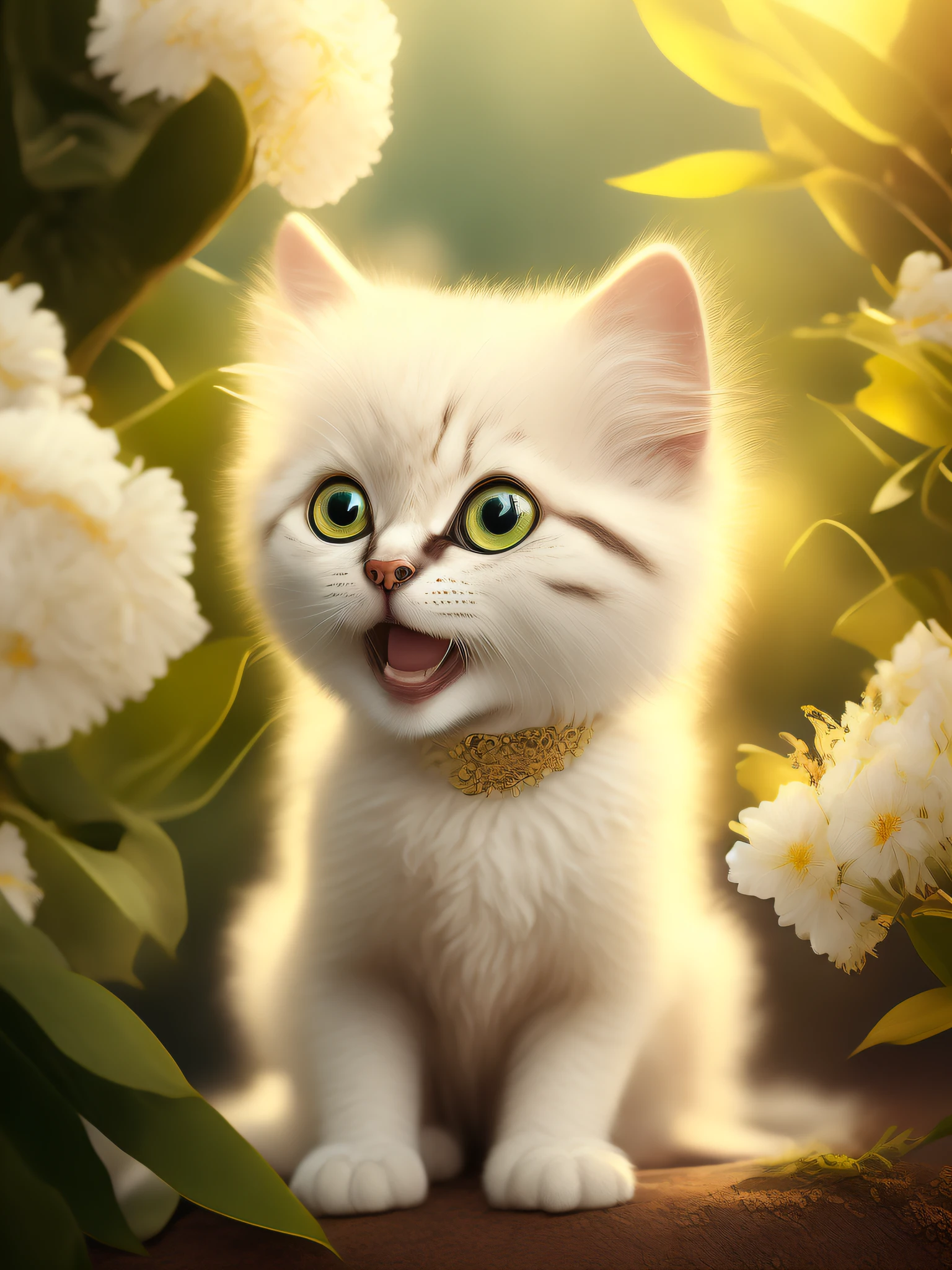 Very cute furry white tropicalpunk kitten, big eyes, flowers, bushes, full body, open mouth, laugh, professional light, depth of field 8k, golden magic moment, collar around neck, super realistic - amazing sunlight, dynamic composition, photography, smile healing, hair details,