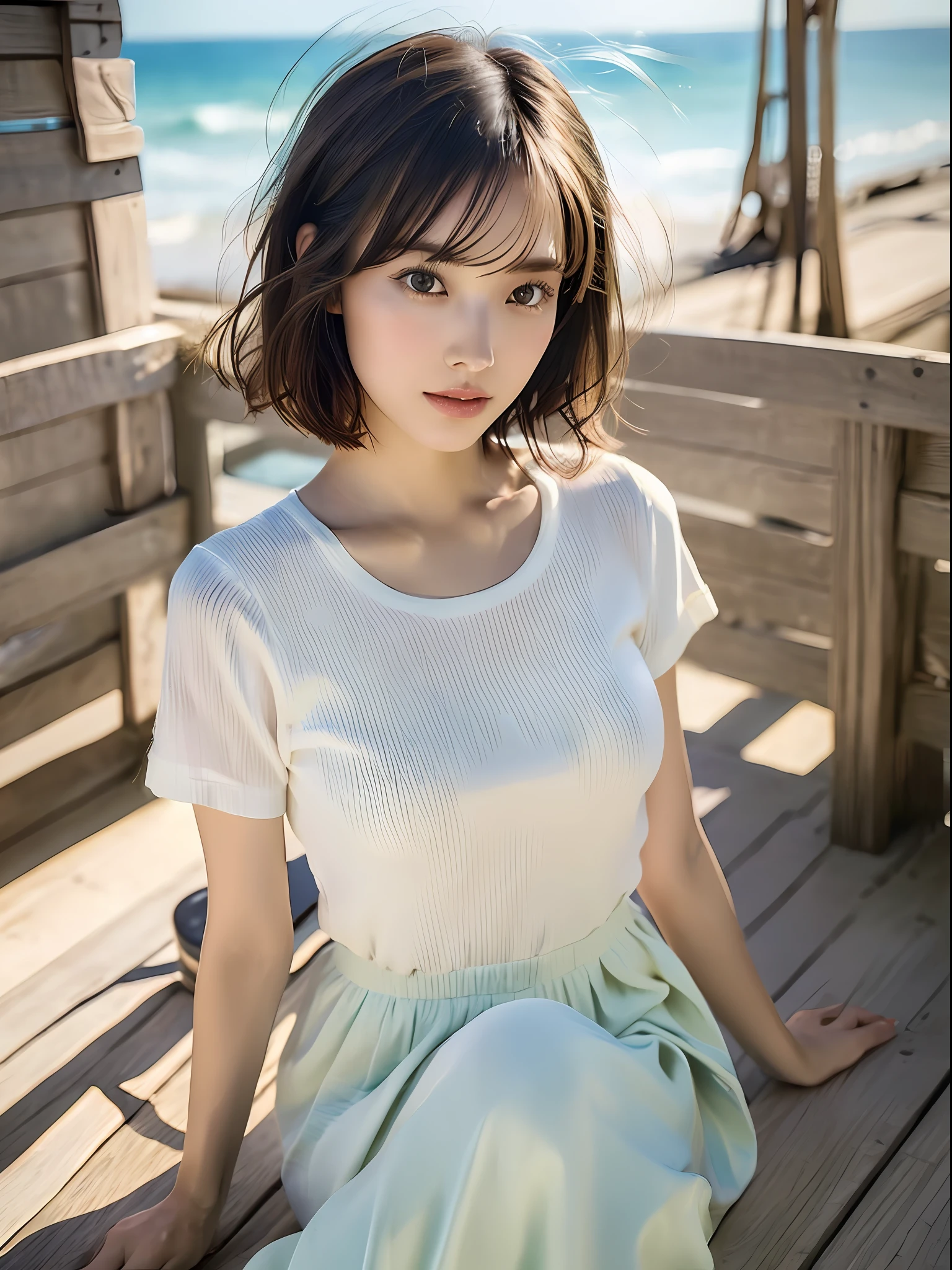 (8k, highest quality, masterpiece: 1.2), (hair_style), (realistic, photorealistic: 1.37), plump eyes, highest quality, masterpiece, in the summer sunshine, sky and sea view, shot on wooden deck, [small breasts], backlight, shooting from the waist up, camera angle from bottom to top, pose with hair raked up with hands, shot in natural light from morning to noon, Hairstyles and fashion styles that match the Japan trends of 2023, realistic, super detailed, 30s, actress, half Japanese and Russian half model, elaborate CG, slender, adorable, hairstyle matches the fashion of Japan in 2023 short bob cut fluttering in the wind, delicate skin type, fine details and softness, model hair color is bright and soft, Choose a short-length T-shirt that matches the summer trends of 2023 and pair it with pale pastel colors for surf fashion.