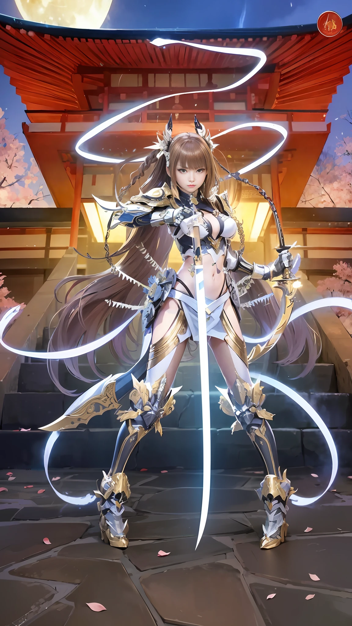 Best quality ,Masterpiece,Ultra High Res,(Photo Realistic:1.4), Photo quality, overall live-action, Girl with a sharp sword standing in front of a building, Ayakagenjin Impact, Japan Lightning Goddess, Queen of Blades, Gorgeous Bikini Armor, From Arc Knights, Lightning Goddess, Genshin Impact Kechin, Armor Girl, Whole live-action, Yasaka Shrine at night, metallic feeling of equipment, face clearly and beautifully, brown hair, right hand opposite hand firmly holding a sword stuck into the ground downward to the front of the body, brave standing, lightning incarnate, whole body, lightning