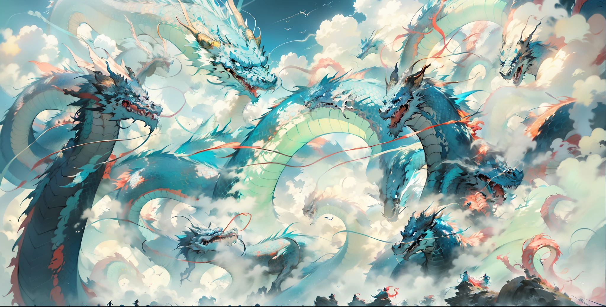 Blue Dragon of Anime Scene, Sky Dragon, Illustration Concept Art, Giant Squid Fighting in the Sky, Robrey and Kentaro Miura Style, Concept Art Digital Illustration, Concept Art Illustration, Cyril Rolando and Goro Fujita, Background Air Battle, Godrays Digital Painting, Beautiful Artwork Illustration, Concept Art