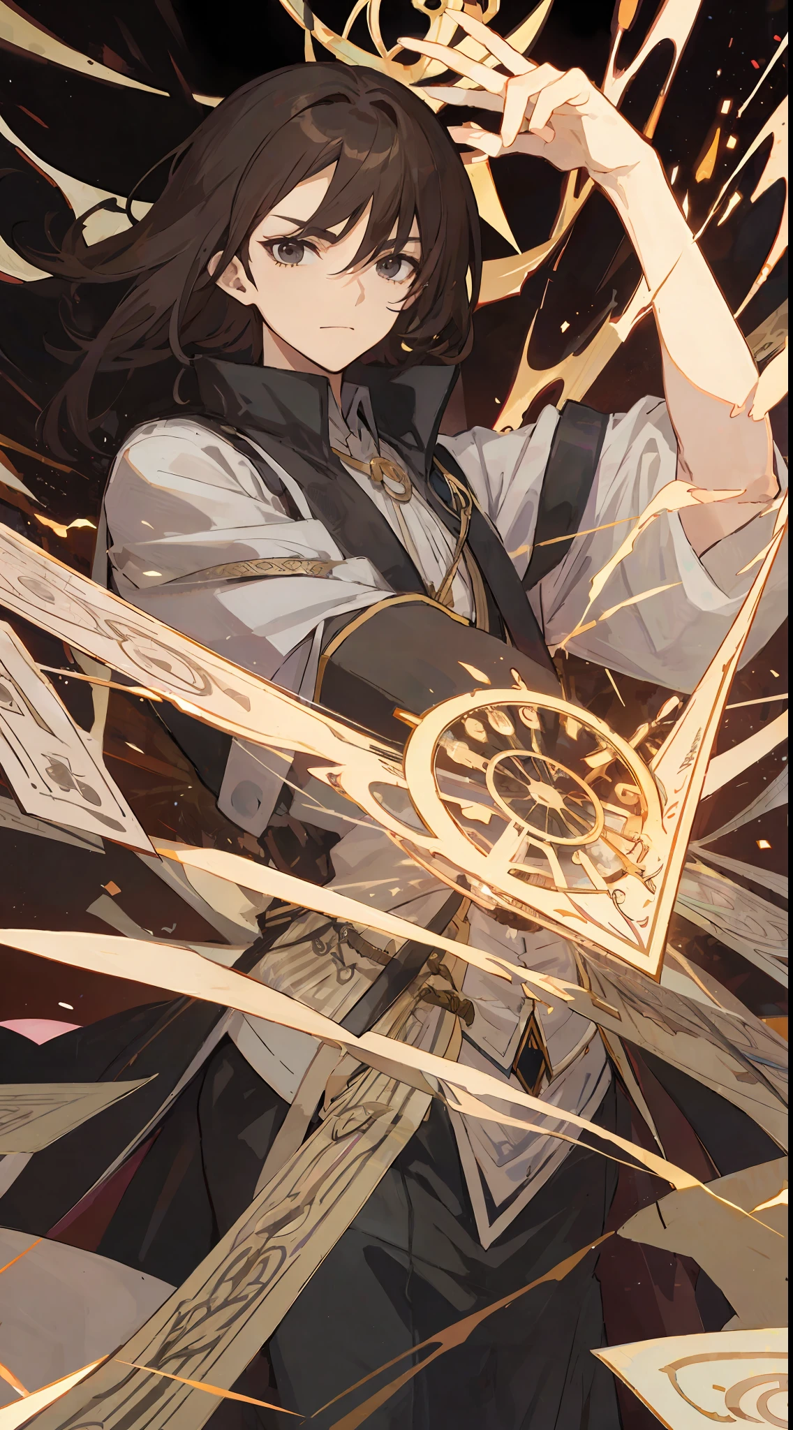 1Man, Brown hair, sharp black eyes, he is the God of Commerce, make it like tarot anime-style but no frame