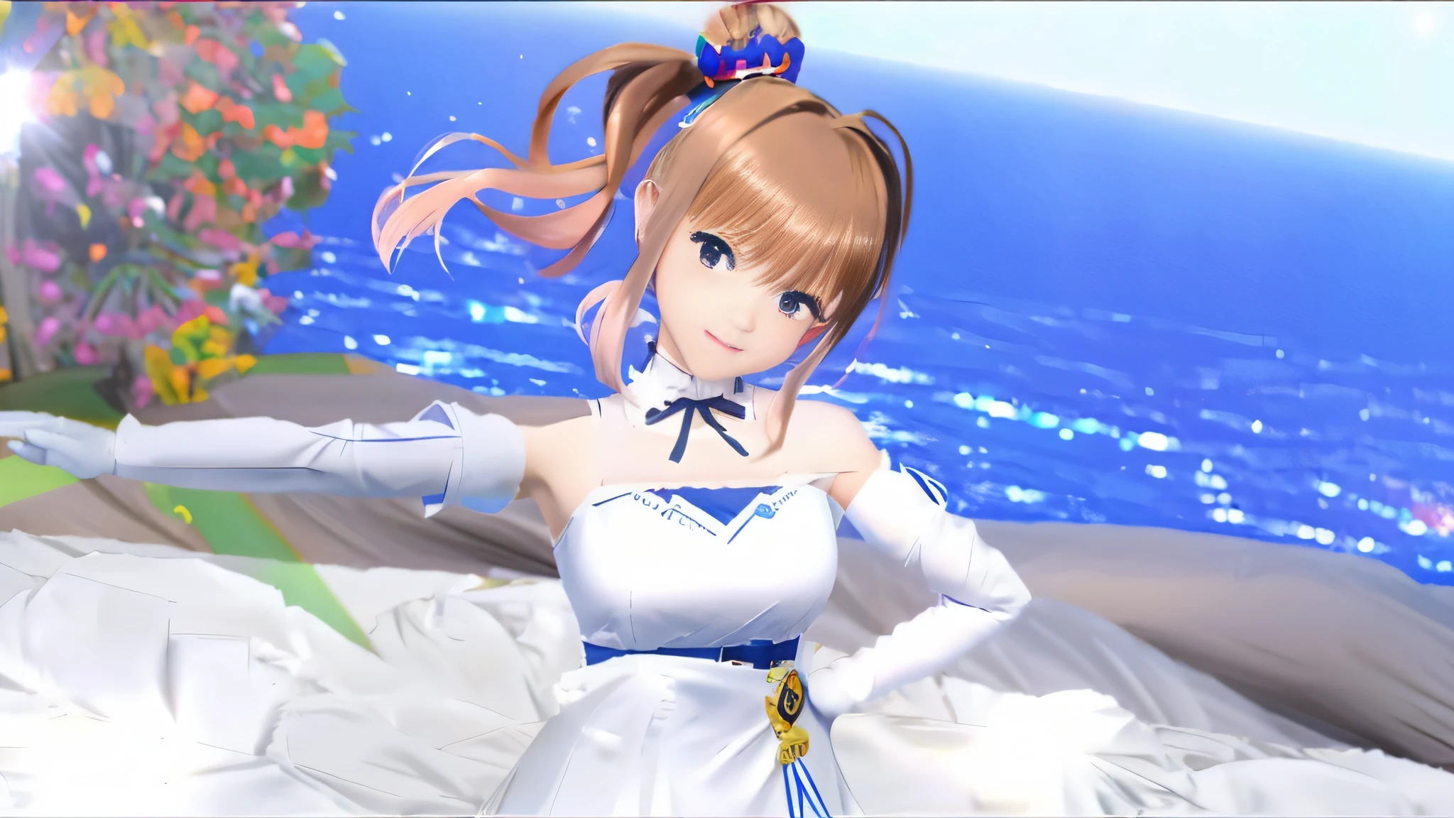 anime girl in white dress with long hair and a tiable, ayaka genshin impact, from the azur lane videogame, azur lane style, ayaka game genshin impact, idolmaster, hololive, characters from azur lane, waifu, rin, royal elegant pose, artoria pendragon, makoto shinka, video game screenshot