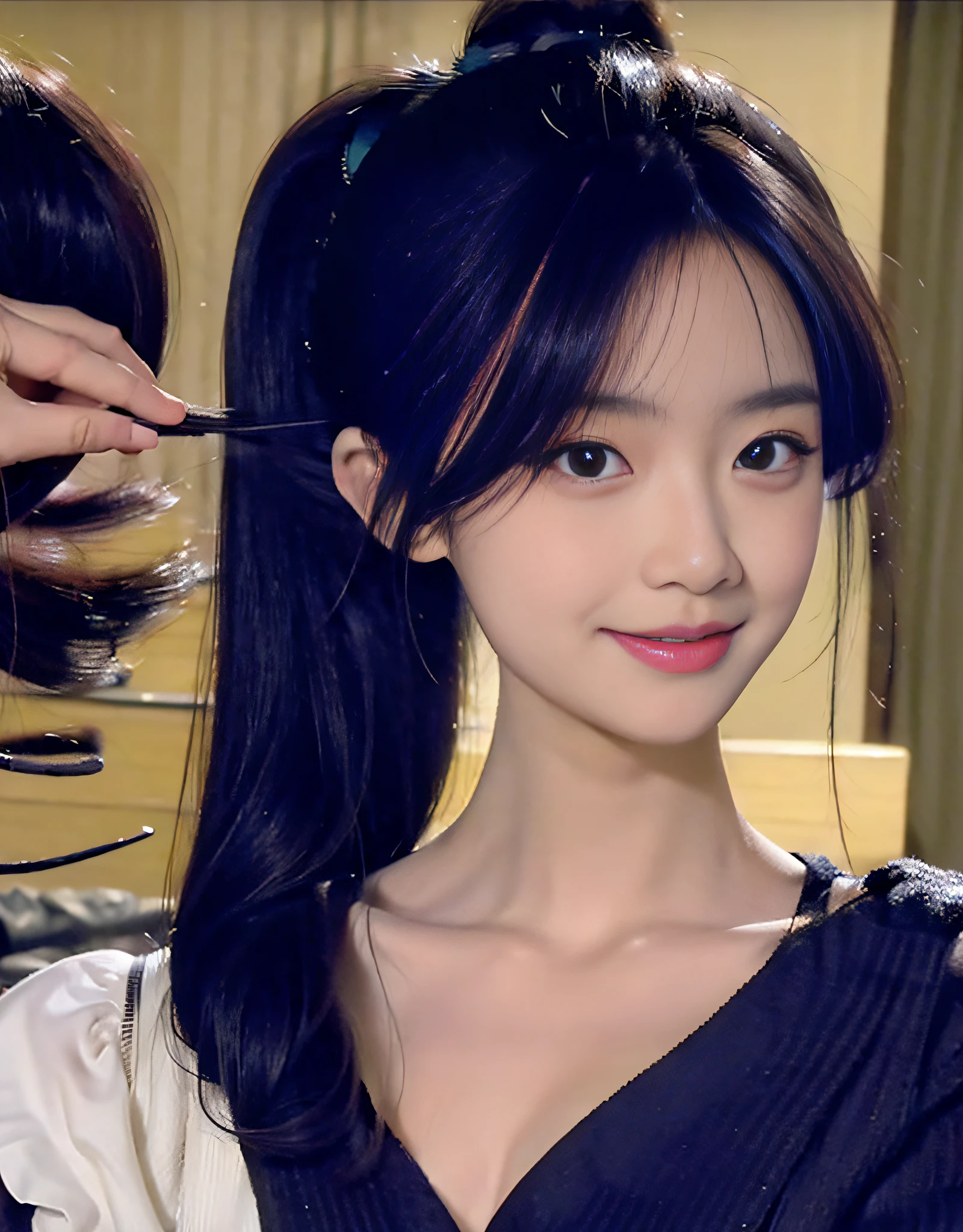 Tight shirt, big breasts, big eyes, light smile, 8k, very fine face, delicate lips, delicate eyes, double eyelids, ponytail hairstyle, dark black long straight hair, full body