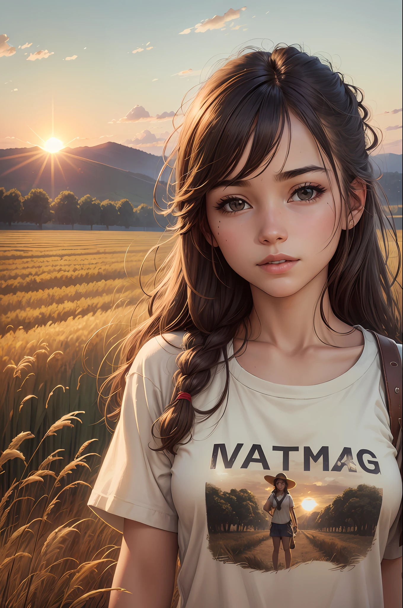 Farmer girl, ((whithout t-shirt)), (realistic girl), golden field, sun rises on background, --auto --s2