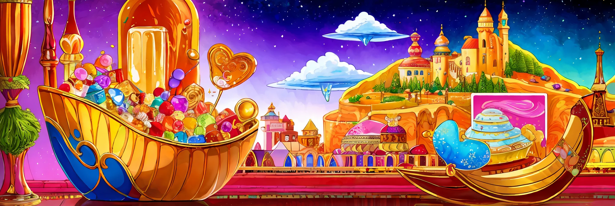 (masterpiece, highest quality), 4K, 8K, high definition, manga, (2D), (traditional media: 1.2), snacks, chocolate bars, high detail illustrations, line art, space art, pool of honey and syrup, [confetti], ice cream, wrapped candy, sweet, gelatin, ribbon, hair clip, v line (midi dress), adaptive costume, ruffles, cute fantasy, Glossy, Cinematic lighting:1.1, Landscape, (glaze), High heel boots, Lace trim, Contrast, Very detailed, Complex, (Details:1.2), Airborne particles, Pop Art, Art Deco,