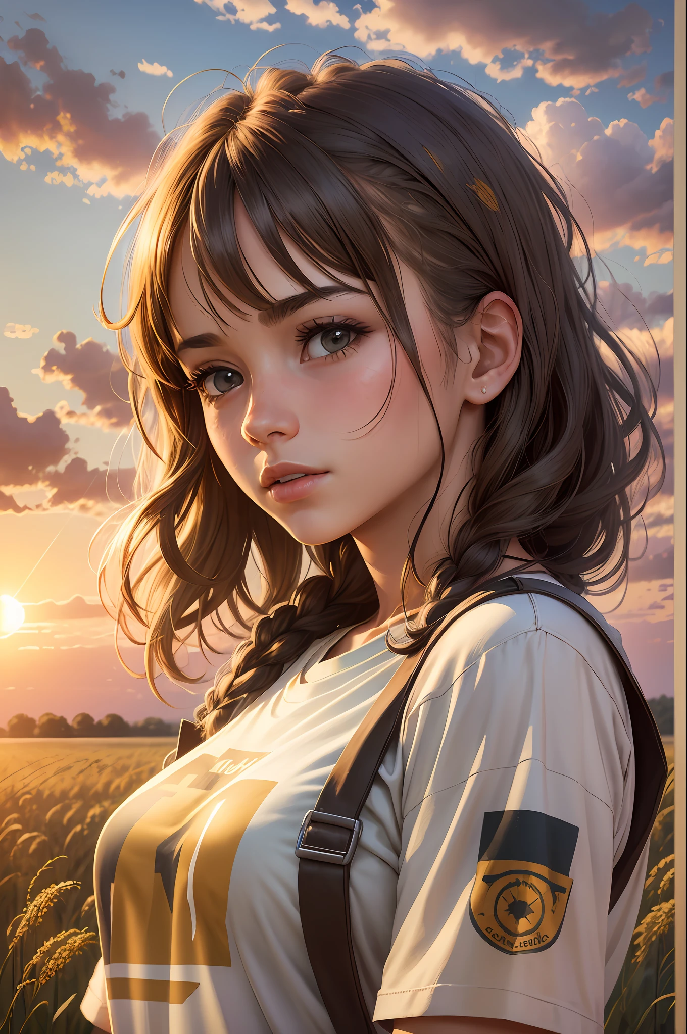 Farmer girl, ((whithout t-shirt)), (realistic girl), golden field, sun rises on background, --auto --s2