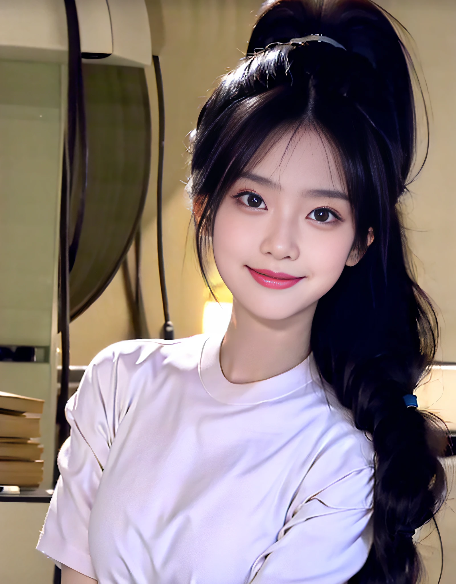 Tight shirt, big breasts, big eyes, light smile, 8k, very fine face, delicate lips, delicate eyes, double eyelids, ponytail hairstyle, dark black long straight hair, full body