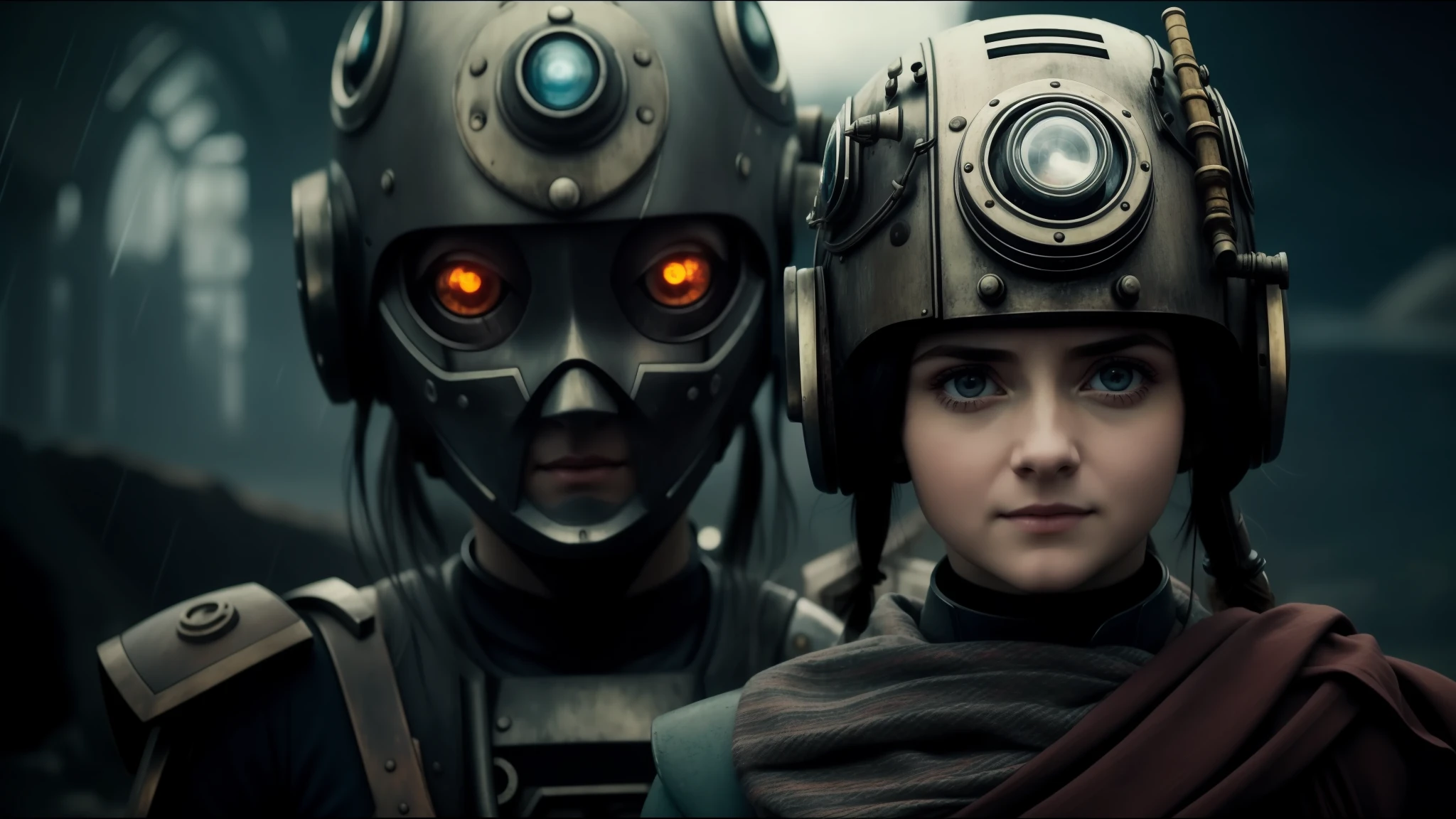a woman, Evanna Lynch, and a robot wear helmets, robot with red eyes, scarf, still of alita, by Koloman Sokol, steampunc, blue faces, Ukrainian girl, 2030s, by Władysław Malecki, promotional photo of the film, pandora, featured on vimeo, colony, by Karel Havlíček, 2045