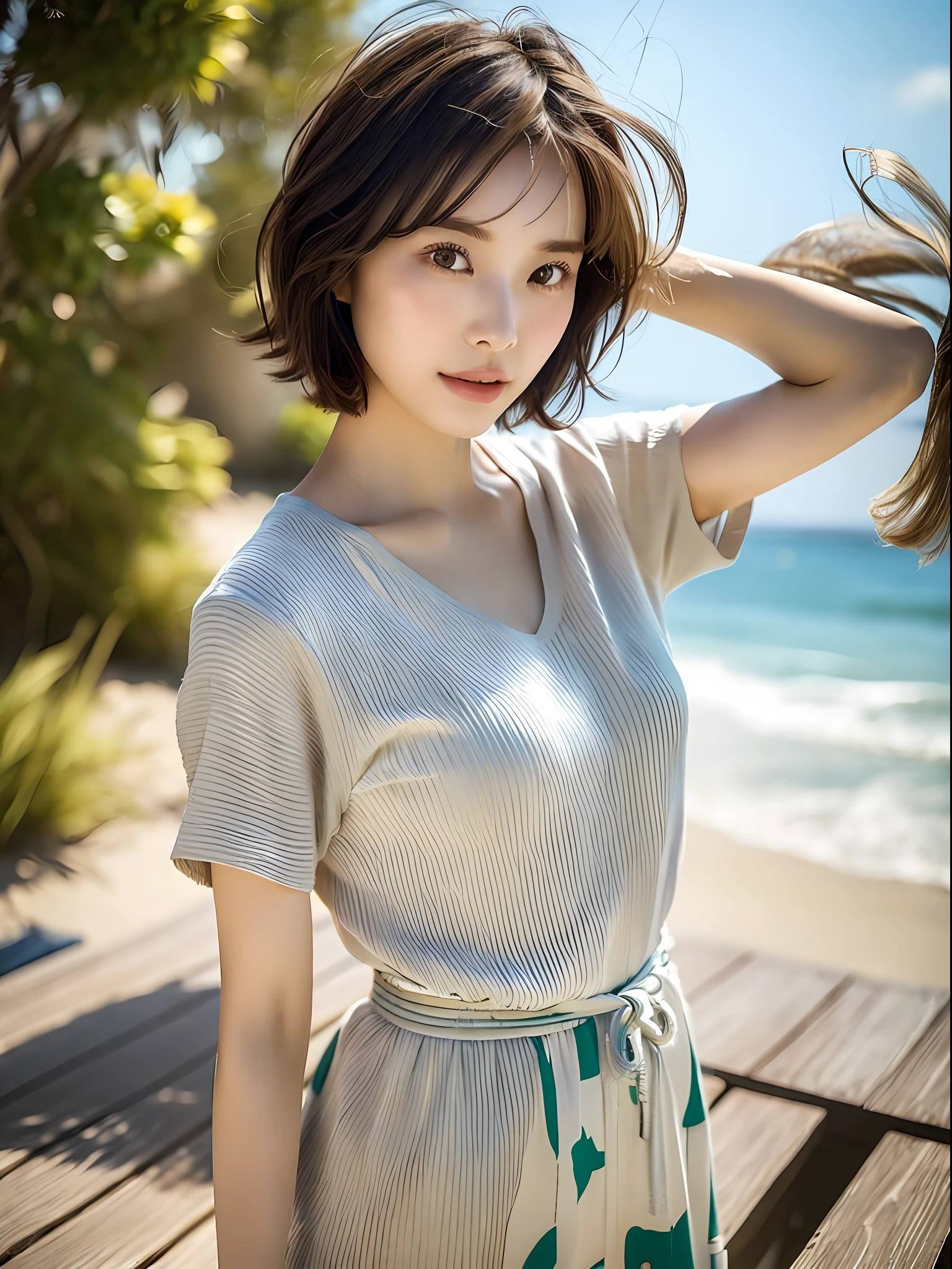 (8k, highest quality, masterpiece: 1.2), (hair_style), (realistic, photorealistic: 1.37), plump eyes, highest quality, masterpiece, in the summer sunshine, sky and sea view, shot on wooden deck, [small breasts], backlight, shooting from the waist up, camera angle from bottom to top, pose with hair raked up with hands, shot in natural light from morning to noon, Hairstyles and fashion styles that match the Japan trends of 2023, realistic, super detailed, 30s, actress, half Japanese and Russian half model, elaborate CG, slender, adorable, hairstyle matches the fashion of Japan in 2023 short bob cut fluttering in the wind, delicate skin type, fine details and softness, model hair color is bright and soft, Choose a short-length T-shirt that matches the summer trends of 2023 and pair it with pale pastel colors for surf fashion.