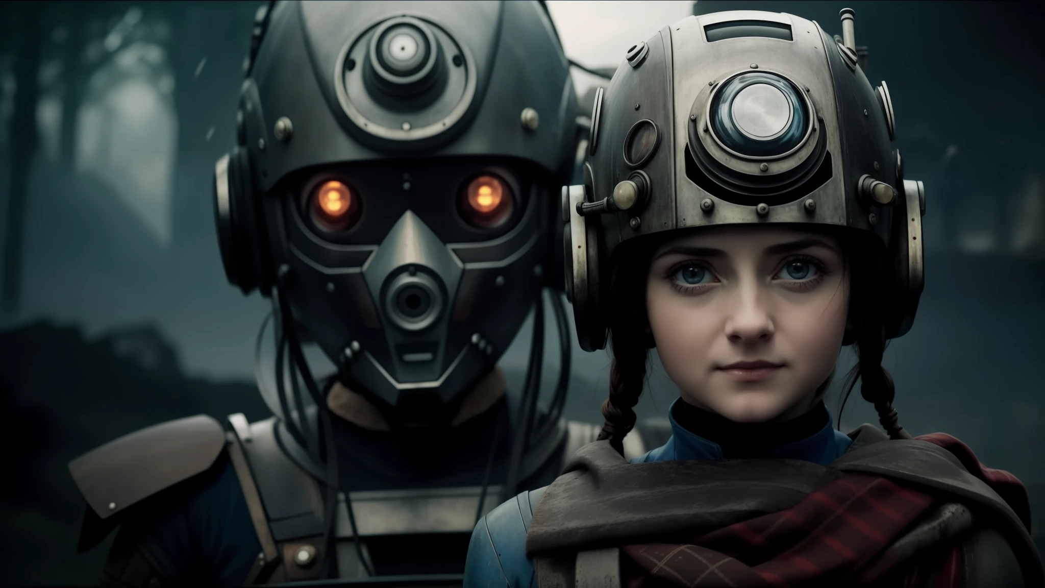 a woman, Evanna Lynch, and a robot wear helmets, robot with red eyes, scarf, still of alita, by Koloman Sokol, steampunc, blue faces, Ukrainian girl, 2030s, by Władysław Malecki, promotional photo of the film, pandora, featured on vimeo, colony, by Karel Havlíček, 2045