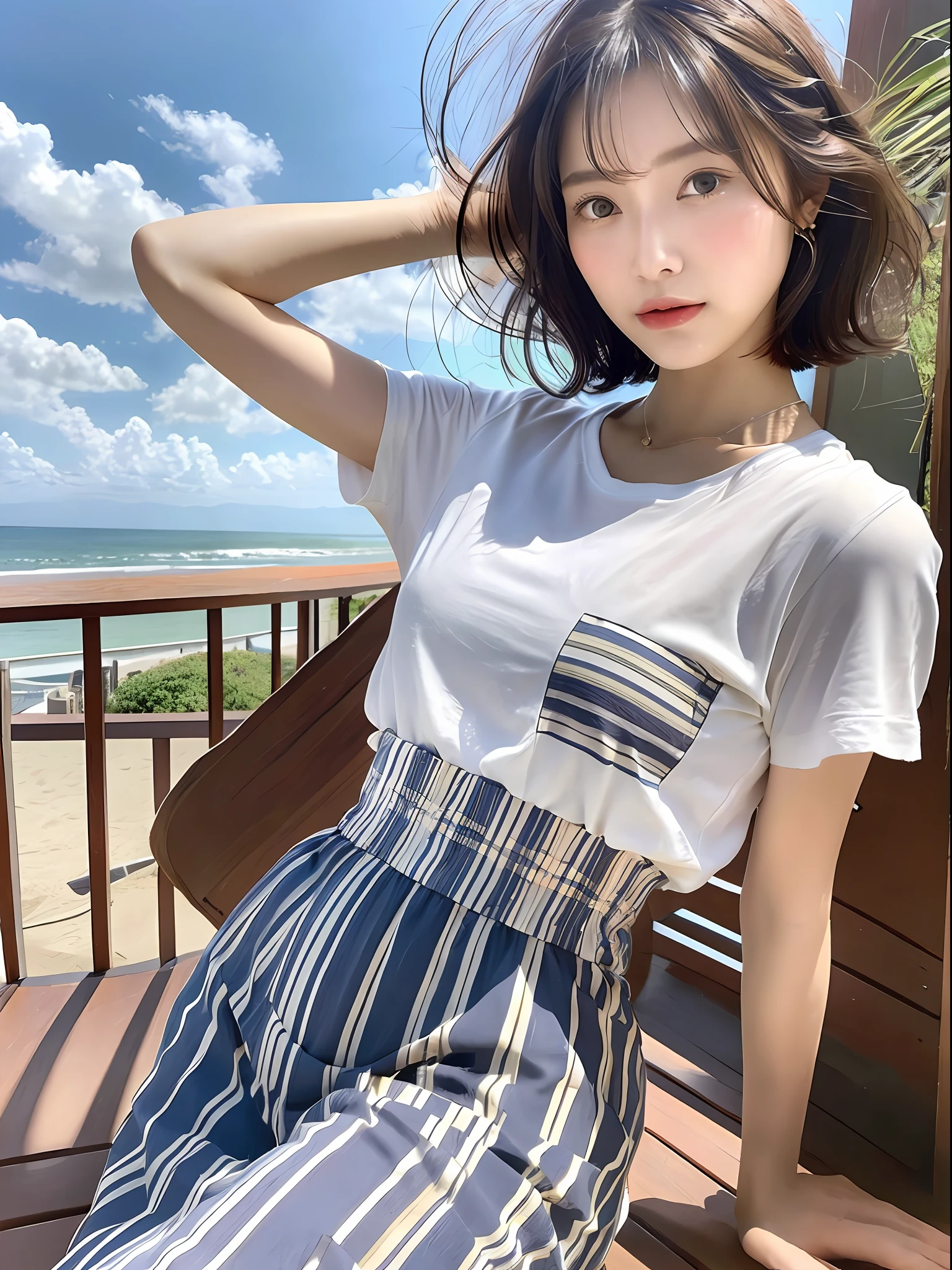 (8k, highest quality, masterpiece: 1.2), (hair_style), (realistic, photorealistic: 1.37), plump eyes, highest quality, masterpiece, in the summer sunshine, sky and sea view, shot on wooden deck, [small breasts], backlight, shooting from the waist up, camera angle from bottom to top, pose with hair raked up with hands, shot in natural light from morning to noon, Hairstyles and fashion styles that match the Japan trends of 2023, realistic, super detailed, 30s, actress, half Japanese and Russian half model, elaborate CG, slender, adorable, hairstyle matches the fashion of Japan in 2023 short bob cut fluttering in the wind, delicate skin type, fine details and softness, model hair color is bright and soft, Choose a short-length T-shirt that matches the summer trends of 2023 and pair it with pale pastel colors for surf fashion.