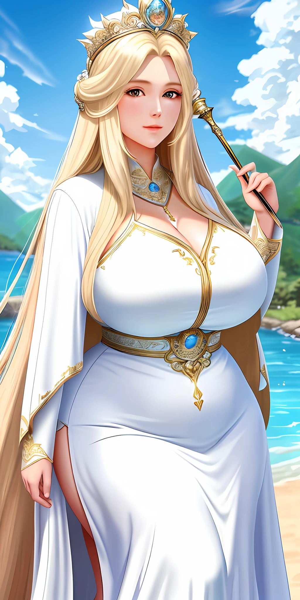 Masterpiece: superb super detailed goddess, white robe, long hair, blonde staff, sunshine, blue sky, big breasts, plump women, mature women