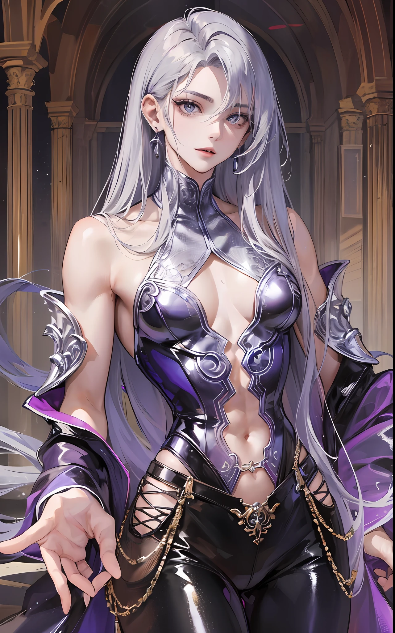 man, masculine, masculine face, attractive, muscular, ((1man)), masterpiece, absurdres, best quality ,intricate details , (shiny skin, shiny body, shiny oily luster skin, shiny hair, pale skintone), Sundown, attractive, ((muscular)), adult, one, ((open chest)), ((no blouse)), earrings, black pants, Don't look at the view , Not looking at the view, purple blue long hair, perfect detailed face, perfect detailed hands, vampire, silver gray eyes, ((MLS)), medium large shoot