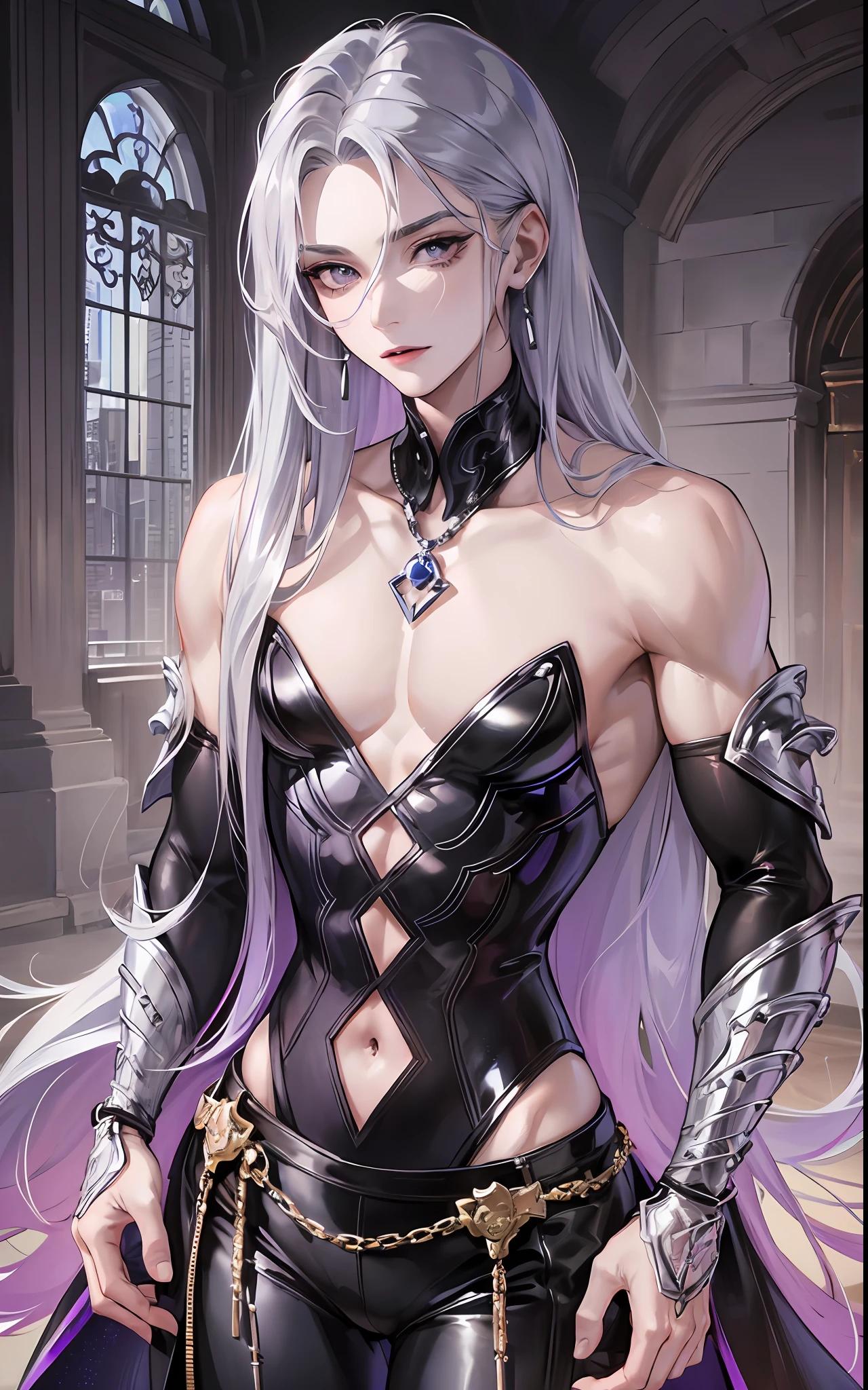 man, masculine, masculine face, attractive, muscular, ((1man)), masterpiece, absurdres, best quality ,intricate details , (shiny skin, shiny body, shiny oily luster skin, shiny hair, pale skintone), Sundown, attractive, ((muscular)), adult, one, ((open chest)), ((no blouse)), earrings, black pants, Don't look at the view , Not looking at the view, purple blue long hair, perfect detailed face, perfect detailed hands, vampire, silver gray eyes, ((MLS)), medium large shoot
