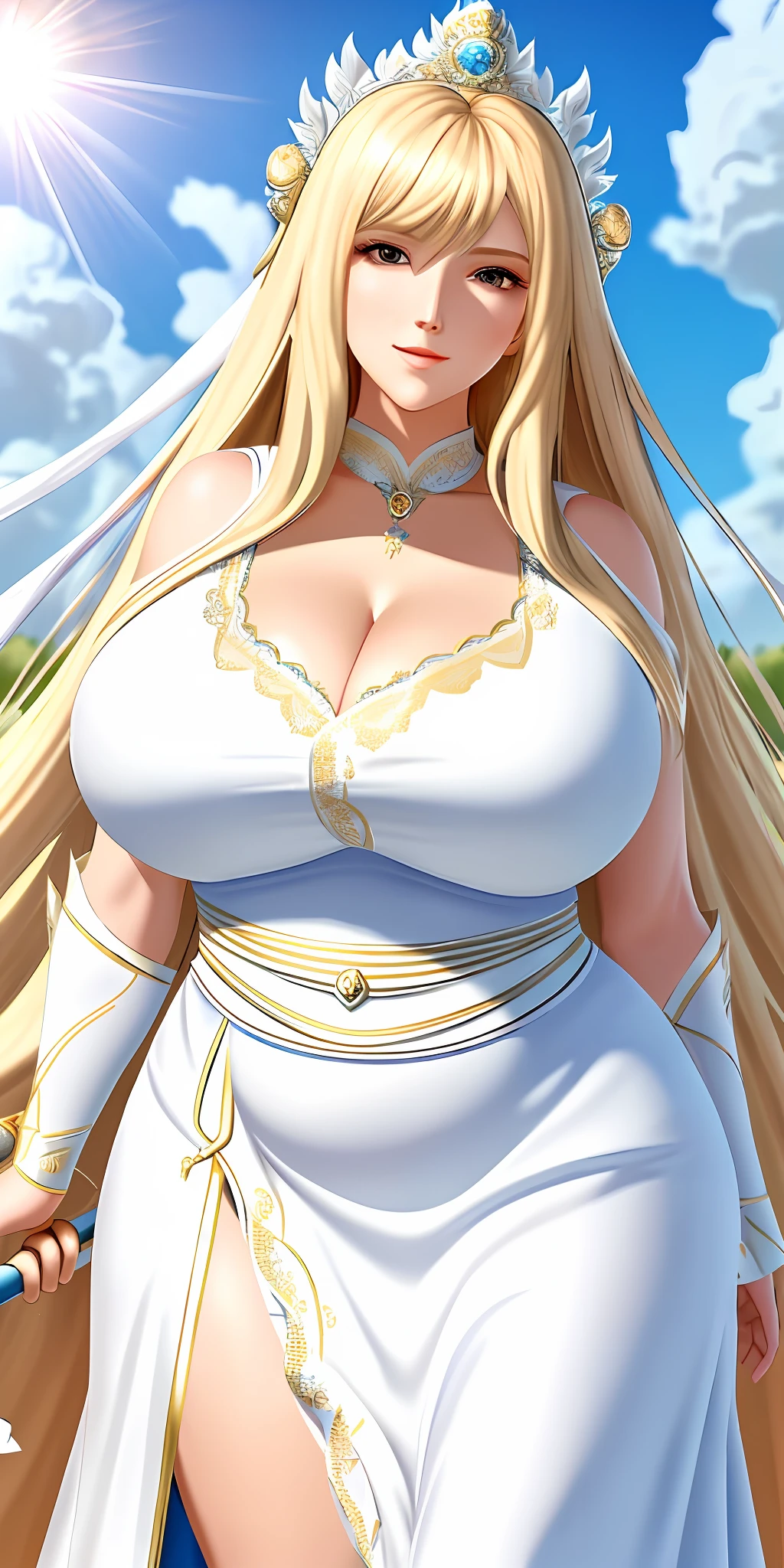 Masterpiece: superb super detailed goddess, white robe, long hair, blonde staff, sunshine, blue sky, big breasts, plump women, mature women