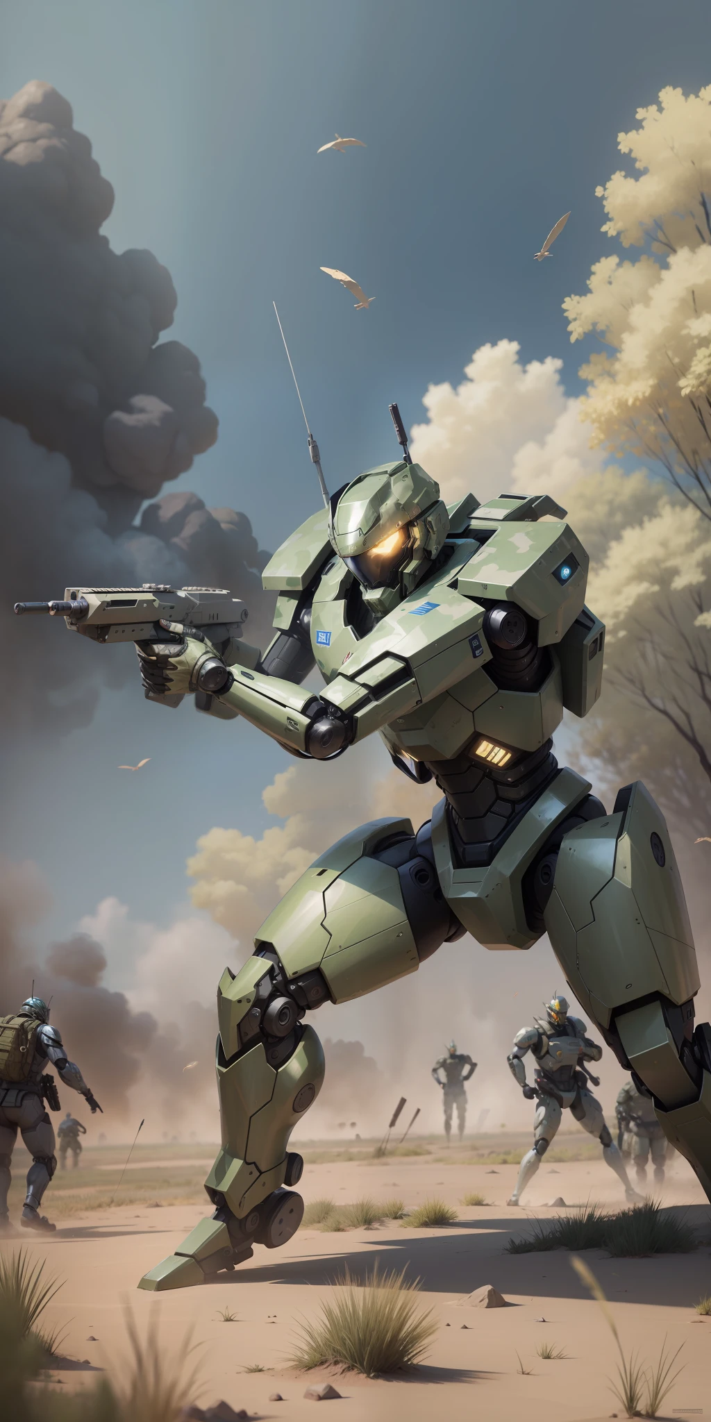 A human-sized camouflage artificial humanoid robot on the battlefield, the background is a grand war scene, metallic texture, dynamic