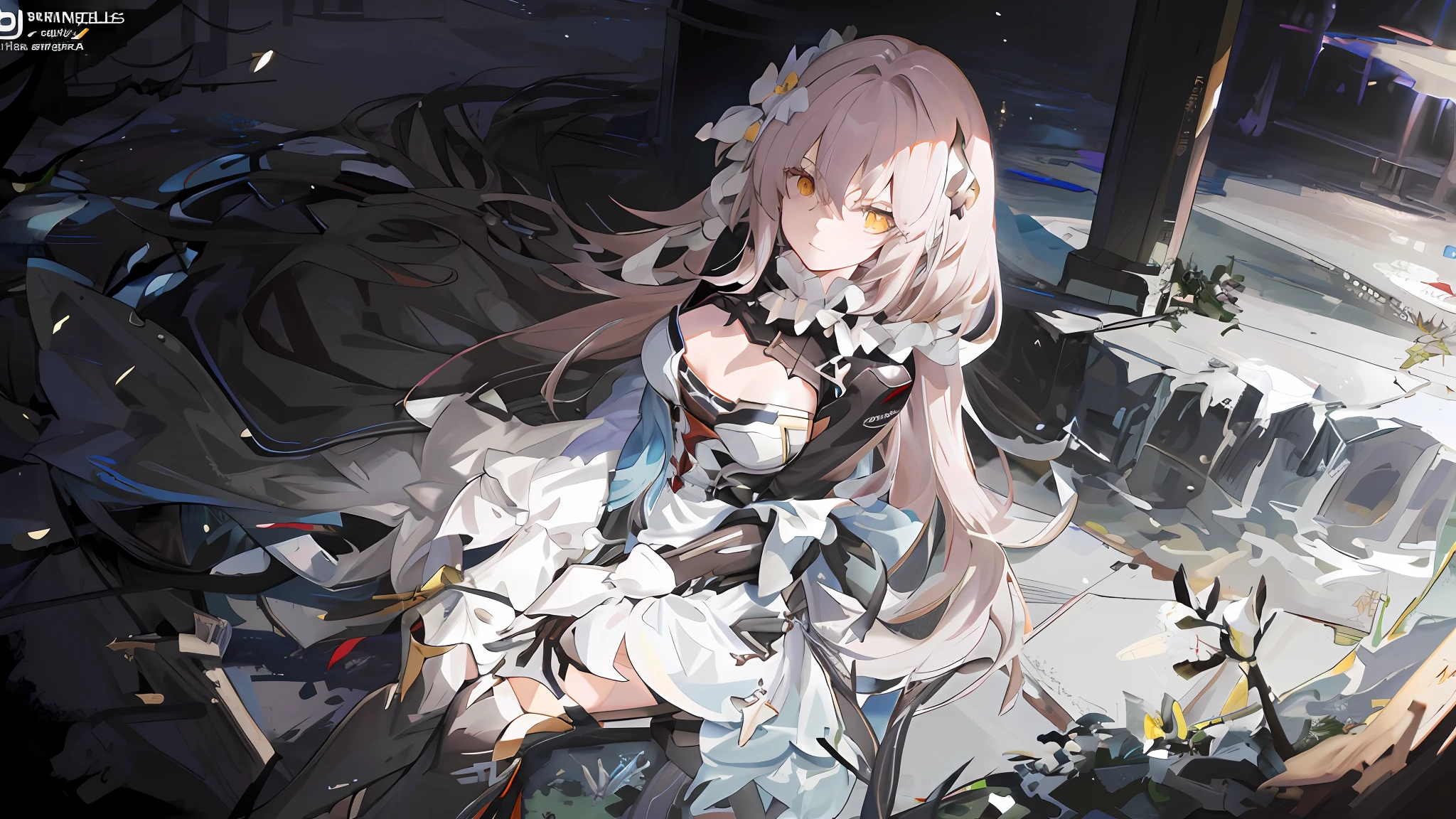 Anime girl long hair, from the night of the ark, fine details. (1girl:1.5+female_character:0.8+sit:1.2+rubble+Arknight, Girls' Frontline: 1.2, highly detailed), (Arknight: 1.2, Girls' Frontline: 1.2, feminine aesthetic), style shadow universe, scene in the universe (outer space), Girl Front. (Artstation:0.8+Pixiv:1.2+Guweiz on Artstation)