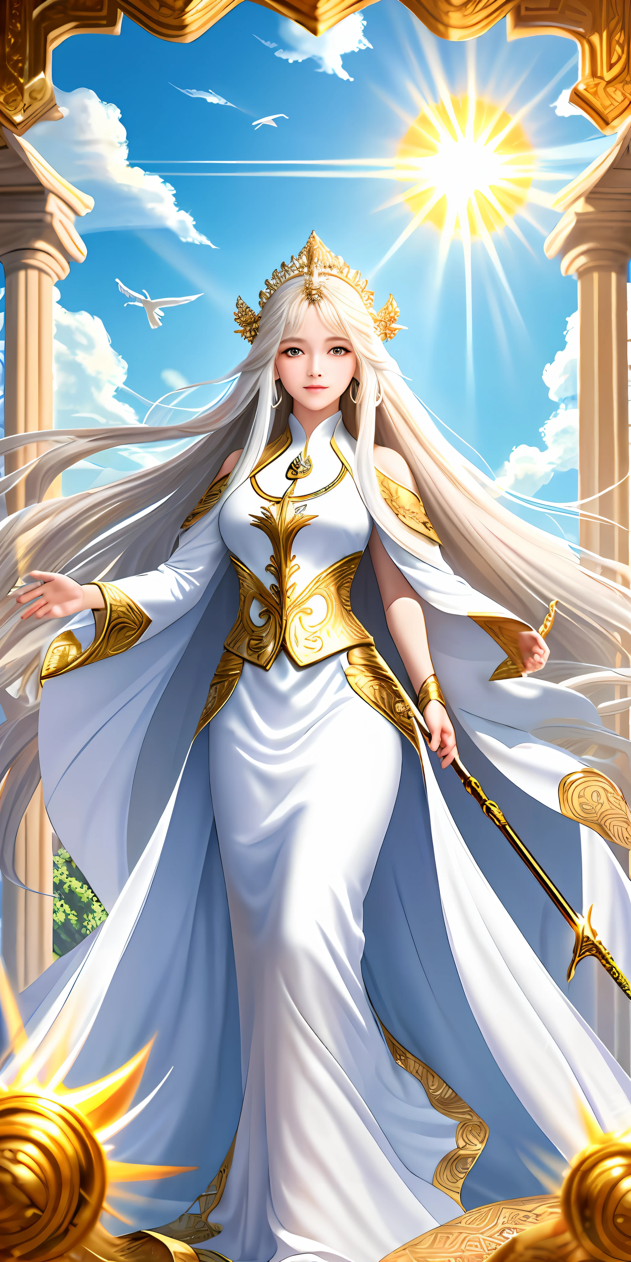 masterpiece, best quality, ultra-detailed, goddess, white robe, long hair, gold hair, staff, sun shine, blue sky