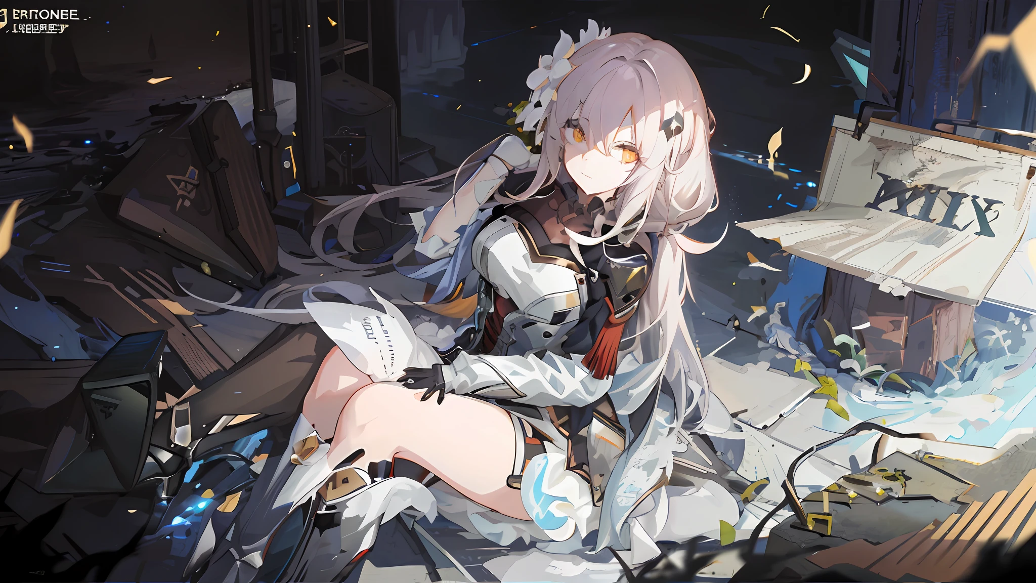 Anime girl long hair, from the night of the ark, fine details. (1girl:1.5+female_character:0.8+sit:1.2+rubble+Arknight, Girls' Frontline: 1.2, highly detailed), (Arknight: 1.2, Girls' Frontline: 1.2, feminine aesthetic), style shadow universe, scene in the universe (outer space), Girl Front. （Artstation:0.8+Pixiv:1.2+Guweiz on Artstation）