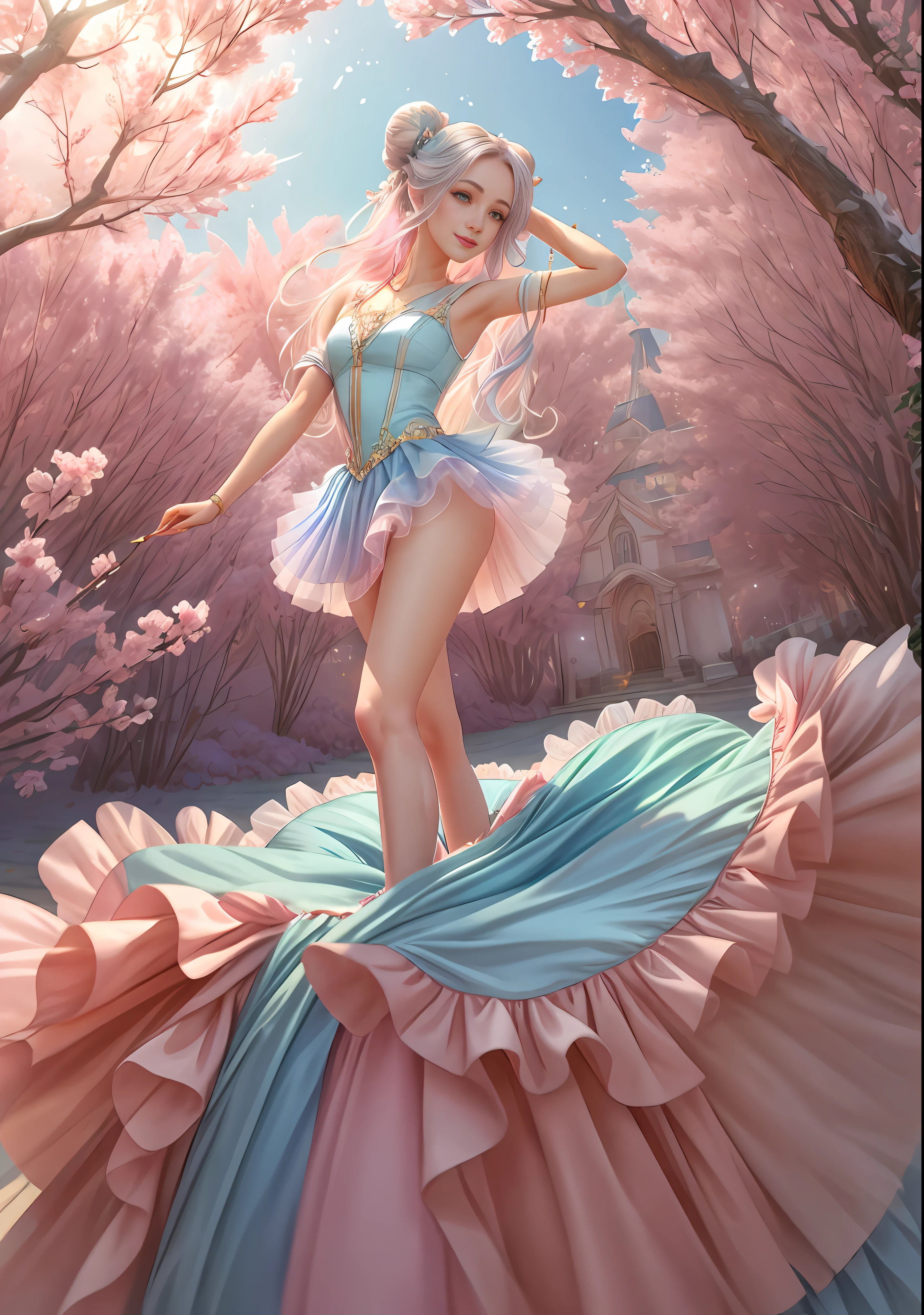 1 girl, single, (feet in the sky: 1.3), blue sky, mirror, light pink and light sky blue style, ethereal leaves, playful arrangement, fantasy, high contrast, (8K wallpaper: 1.3), realistic, octane rendering, surreal, (skin dents: 1.5), (realistic face: 1.2), sharp focus, masterpiece, (best quality), (mirror illumination), light on the face, sharp face, long hair, light makeup, smile: 1.2, cute, (after fingering: 1.2), (long tulle: 1.2), wind, bun,