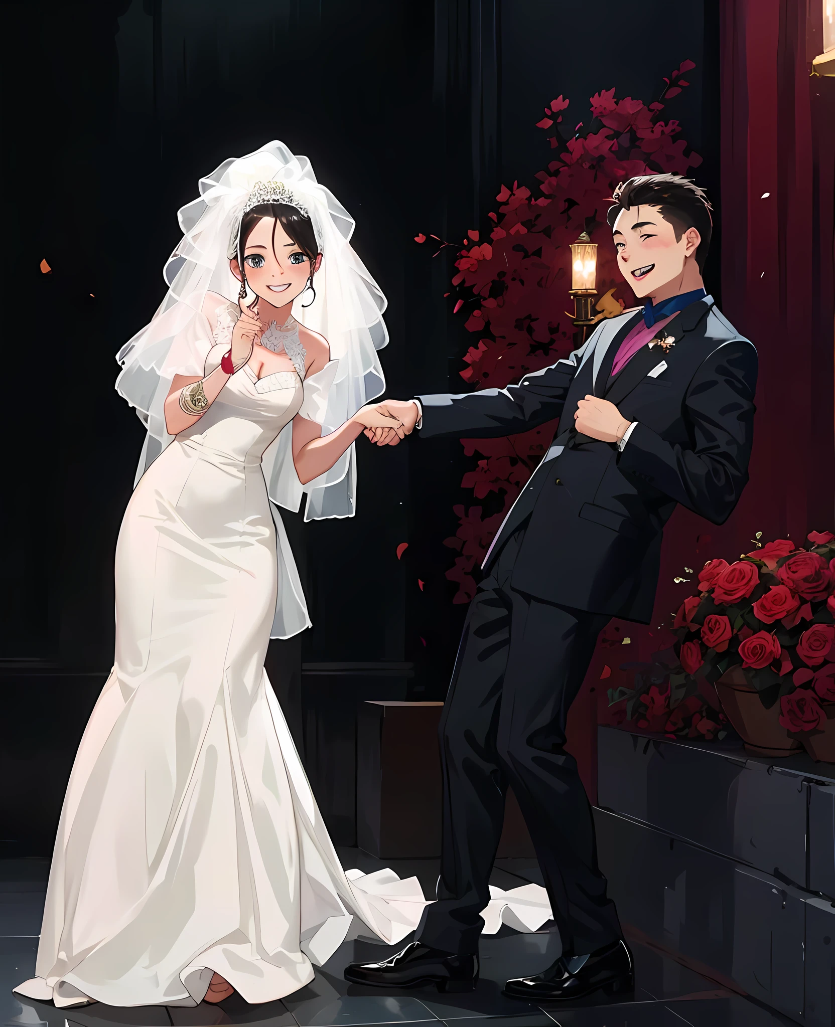 Bride and groom, wedding hall, boy holding girl's hand, happy smile, masterpiece, masterpiece, HD