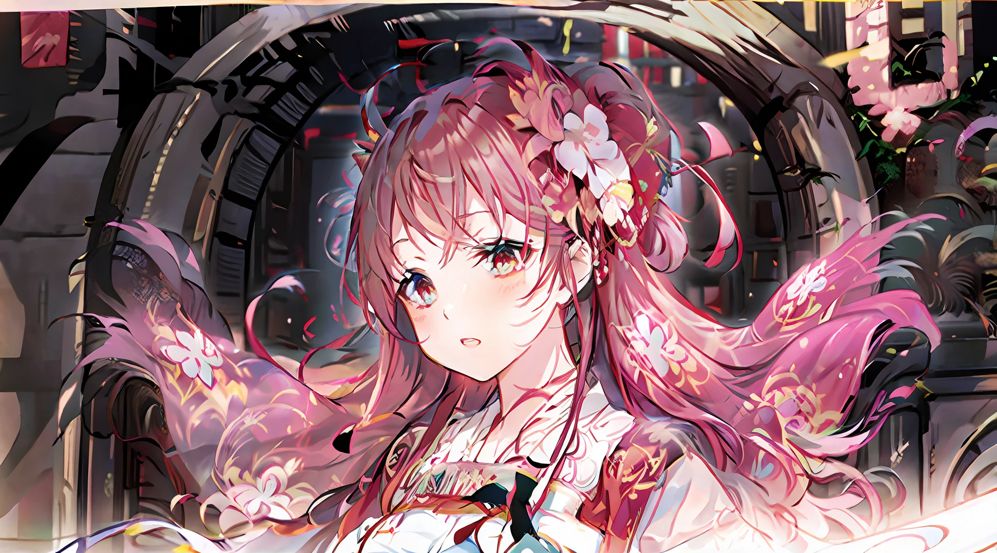 anime girl with long pink hair holding a sword in front of a city, yandere intricate, kawacy, official artwork, portrait of magical girl, floralpunk elysian maiden, hanayamata, jellyfish shrine maiden 8k, ayaka genshin impact, shikishi, sayori, shalltear bloodfallen, detailed portrait of anime girl