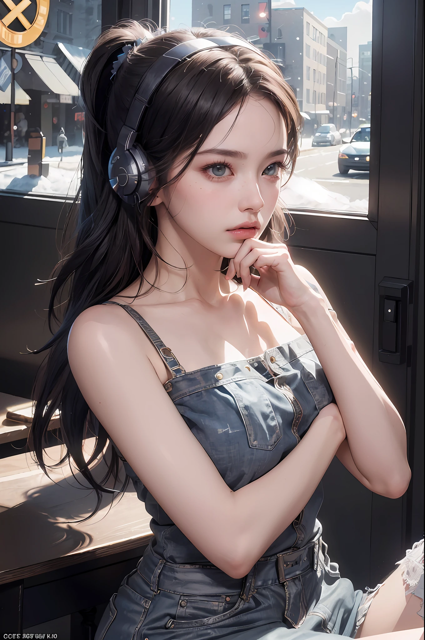 RAW, (8k, best quality, masterpiece: 1.2), (complex detail: 1.4), (photorealism: 1.4), octane rendering, complex 3d rendering super fine, studio soft light, edge light, vibrant detail, super fine, (realistic skin texture: 2), beautiful delicate face, beautiful delicate eyes, extremely detailed CG uniform 8k wallpaper, makeup, (perfect anatomy), (epic), (masterpiece, top quality, best quality, official art, Aesthetics and aesthetics: 1.2), very detailed, colorful, highest detail (super detail)), (highly detailed CG illustration), (very delicate and beautiful), (viewed from the side), cinematic light, city, 1 girl, solo, headphones, cyberpunk