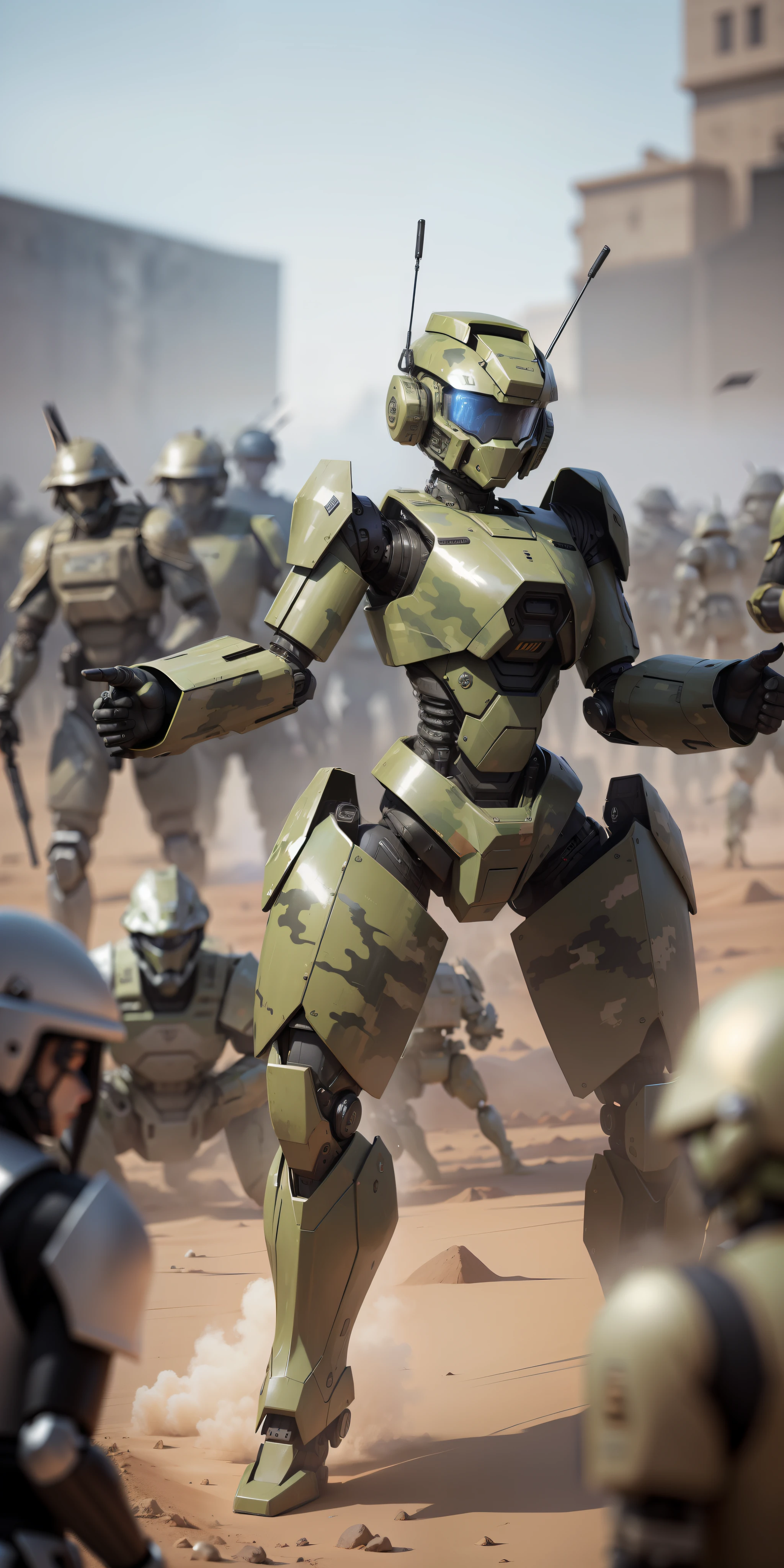 A human-sized camouflage artificial humanoid robot on the battlefield, the background is a grand war scene, metallic texture, dynamic