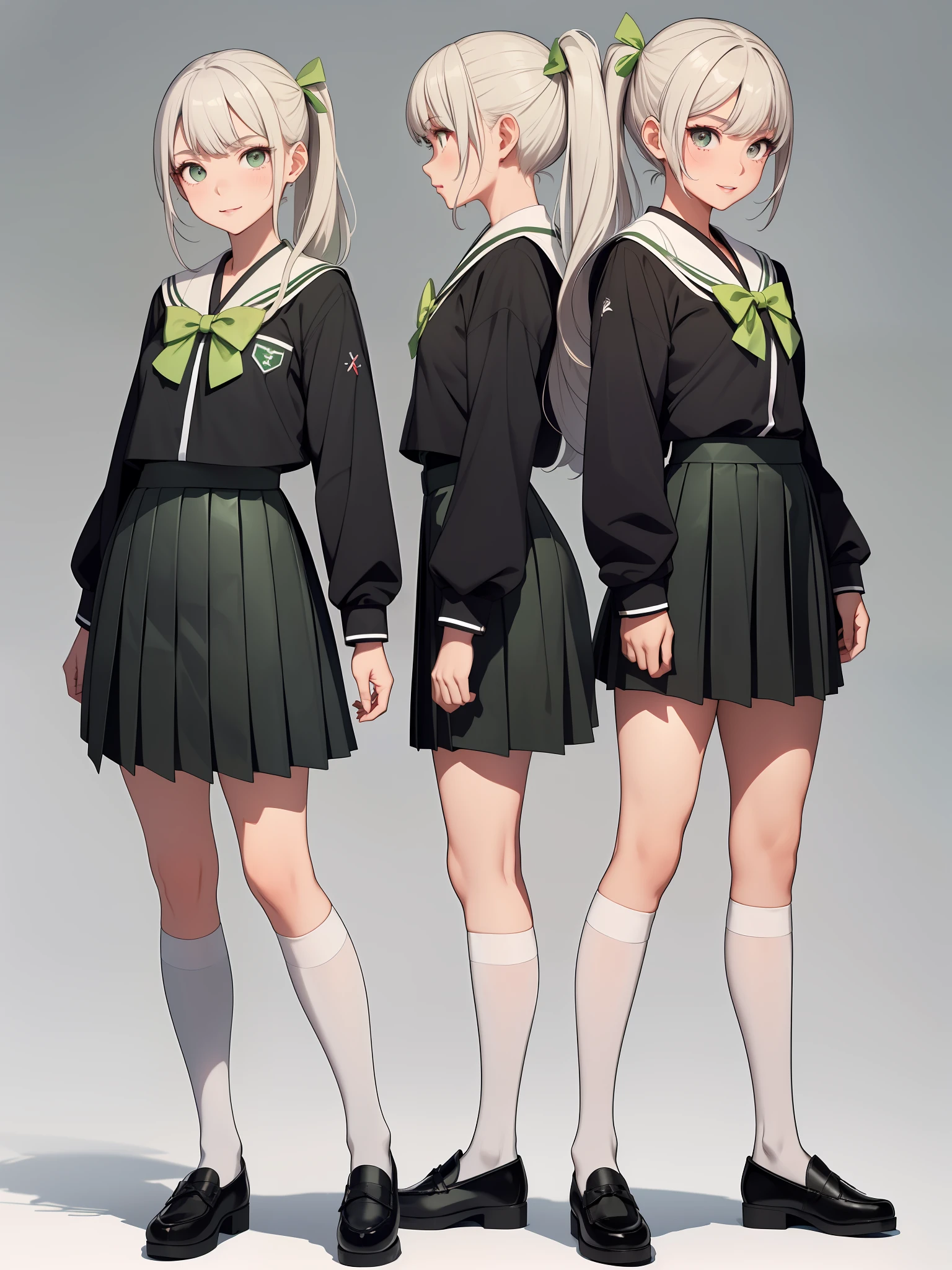 (8k, best quality, proficient: 1.2), (full body photo: 2), (front view: 1.7), (character picture: 1.4), (a cute girl) (solid color background: 1.5) (her facial features are clearly contoured, smiling, lips slightly upturned, standing at the waist, smooth and delicate skin, double ponytail, white blonde hair, green bow, gray eyes, jk uniform, Japanese high school girls' school uniform, small leather shoes,), chiaroscuro, 8k high resolution, 8k, reality, white background, full body