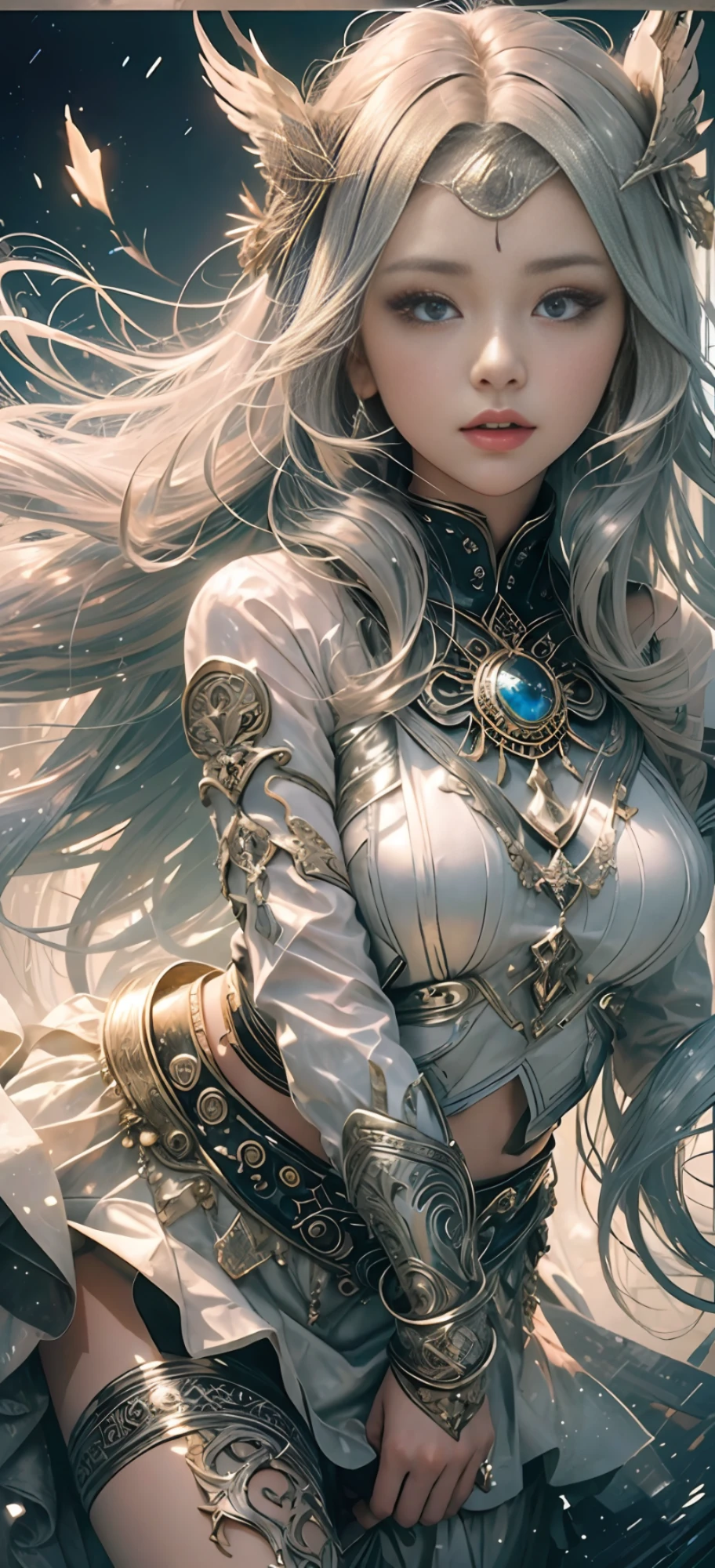 1 Girl 20 years old Standard Body Mysterious Fair Skin Silver-blonde Hair Flowing Hair Jewel Eyes Long Skirt Light and Flowing Yarn Divine Mystical Fantasy Exquisite Under the Temple Tyndall Effect