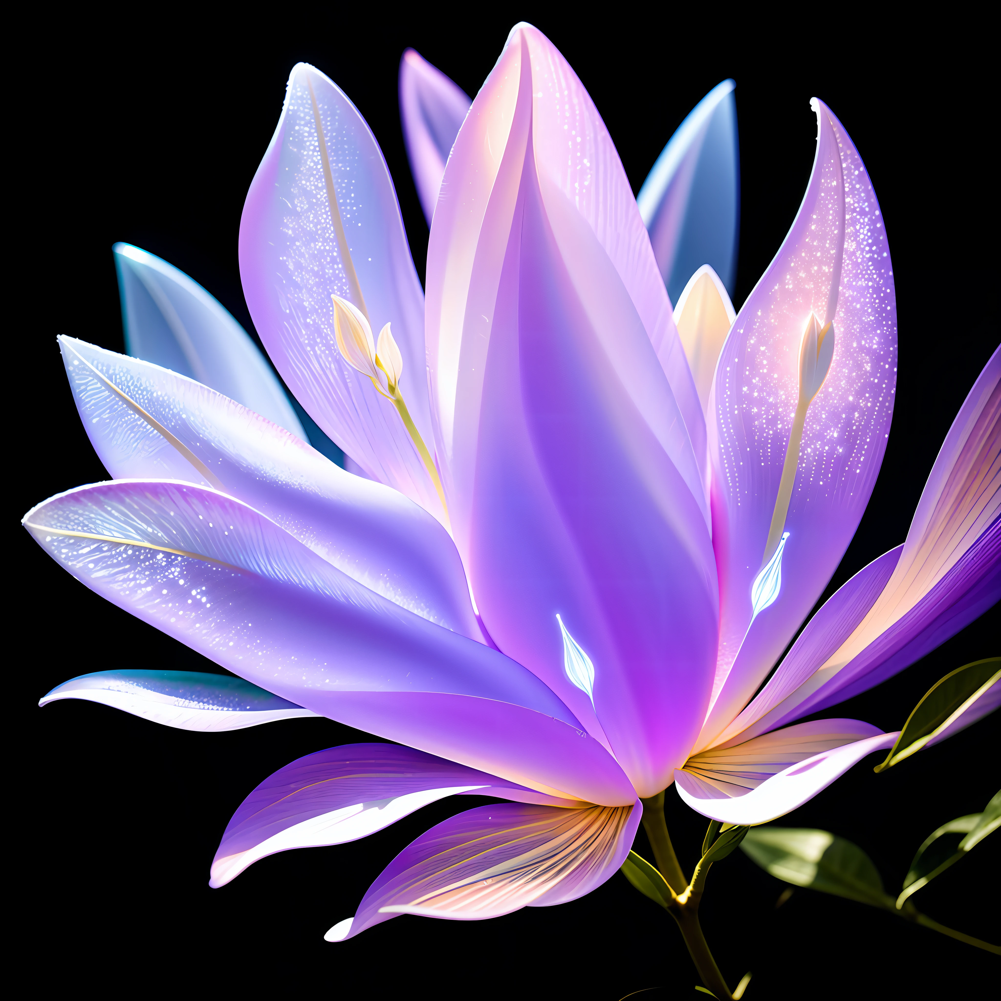 branch of delicate lilac flowers, super transparent, holy light, beautiful spectral light, petals glow, flashing, dark background, drops of transparent light, reflective light, bright, light streaming in, optics, portrait profile, sharp focus, magical, intricate, ultra realistic, fantasy, composition, light, trend on artstation, pearl, patronus cloud of silvery vapor, corrosive enveloping ray family, 8k, ureal ar 23v4 uplight