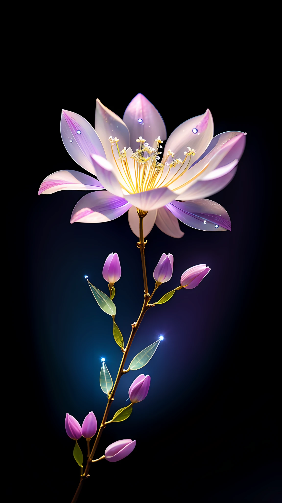 branch of delicate lilac flowers, super transparent, holy light, beautiful spectral light, petals glow, flashing, dark background, drops of transparent light, reflective light, bright, light streaming in, optics, portrait profile, sharp focus, magical, intricate, ultra realistic, fantasy, composition, light, trend on artstation, pearl, patronus cloud of silvery vapor, corrosive enveloping ray family, 8k, ureal ar 23v4 uplight
