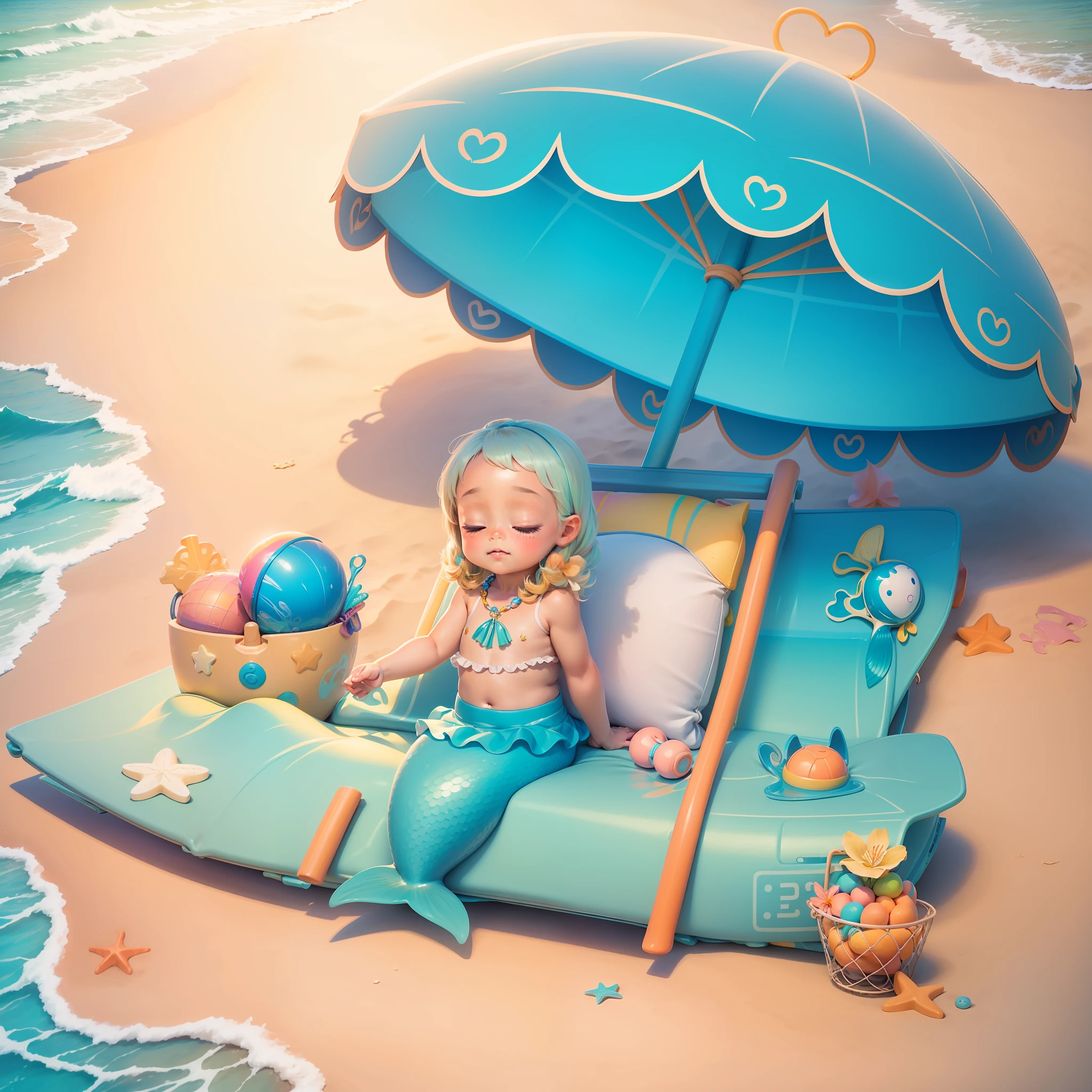 (masterpiece), highest quality, colorful, straightforward sunshine, tranquil waves, calm beach, mermaid blending into the E-girl style (*1 girl), coconut tree shadow, peach blossoms sprinkled on the beach, bubbles around the pet (toy tag), blue dream sea, breeze blowing long hair, beautiful curves, perfect picture. --auto --s2