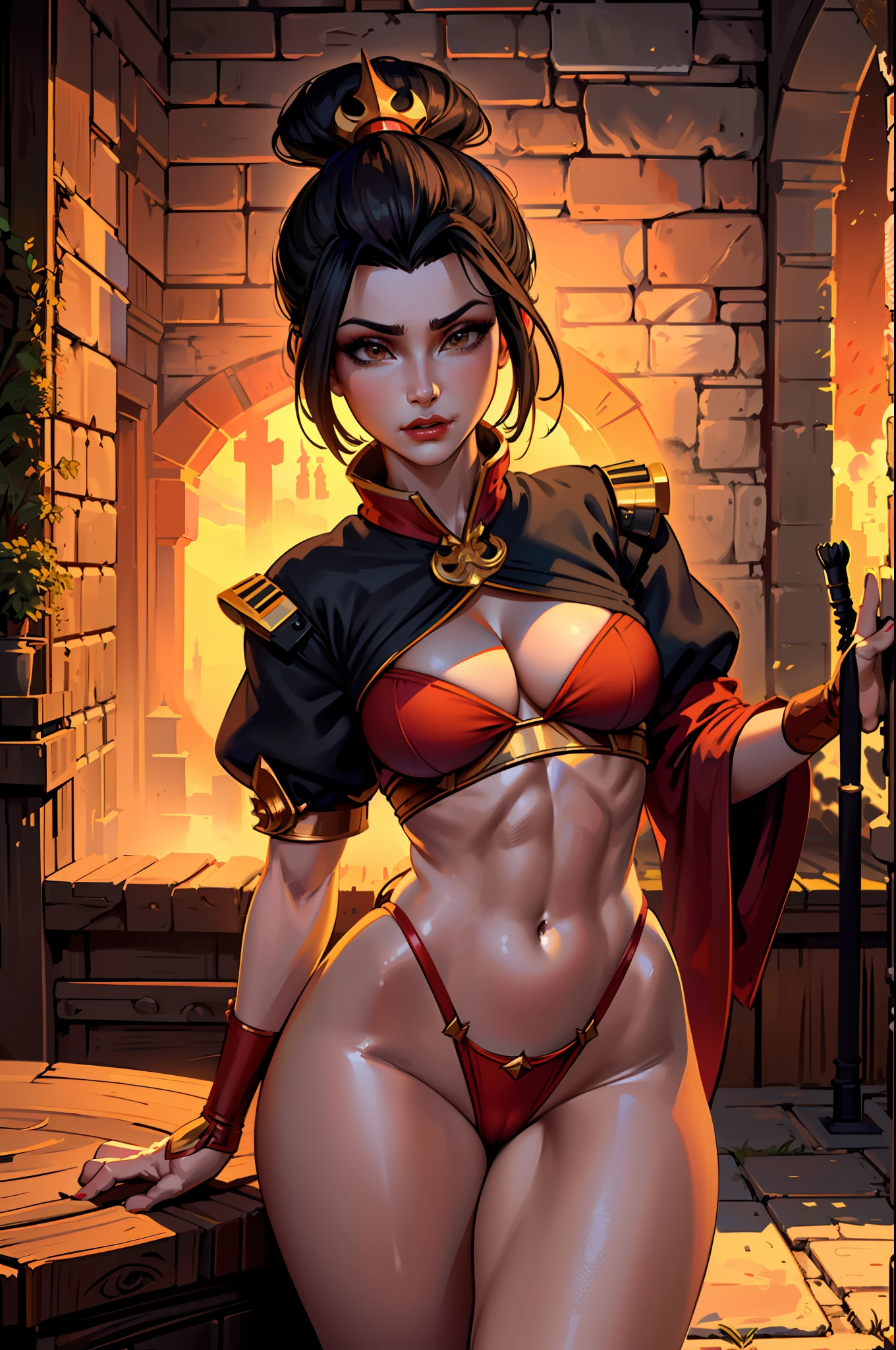 ultra-realistic 8k CG, masterpiece, ((ultra detailed background, fine drawing, intricate details, high detail, better quality fine details, hyper-detailed face)), (photorealistic: 1.4), beautiful lighting, absurdity, RAW photo, film grain, Azula, 1girl, solo, black hair, brown eyes, makeup, lipstick, red lips, one tuft of hair, navel, side strands, hair decoration, ((wide hips, medium breasts, slim girl, , on the face)), ((unbuttoned kimono)), ((complex detailed background, inside, dim lighting, capricious lighting, inside the castle, castle wall, inside, medieval castle environment)), spread legs, perfect legs, erotica