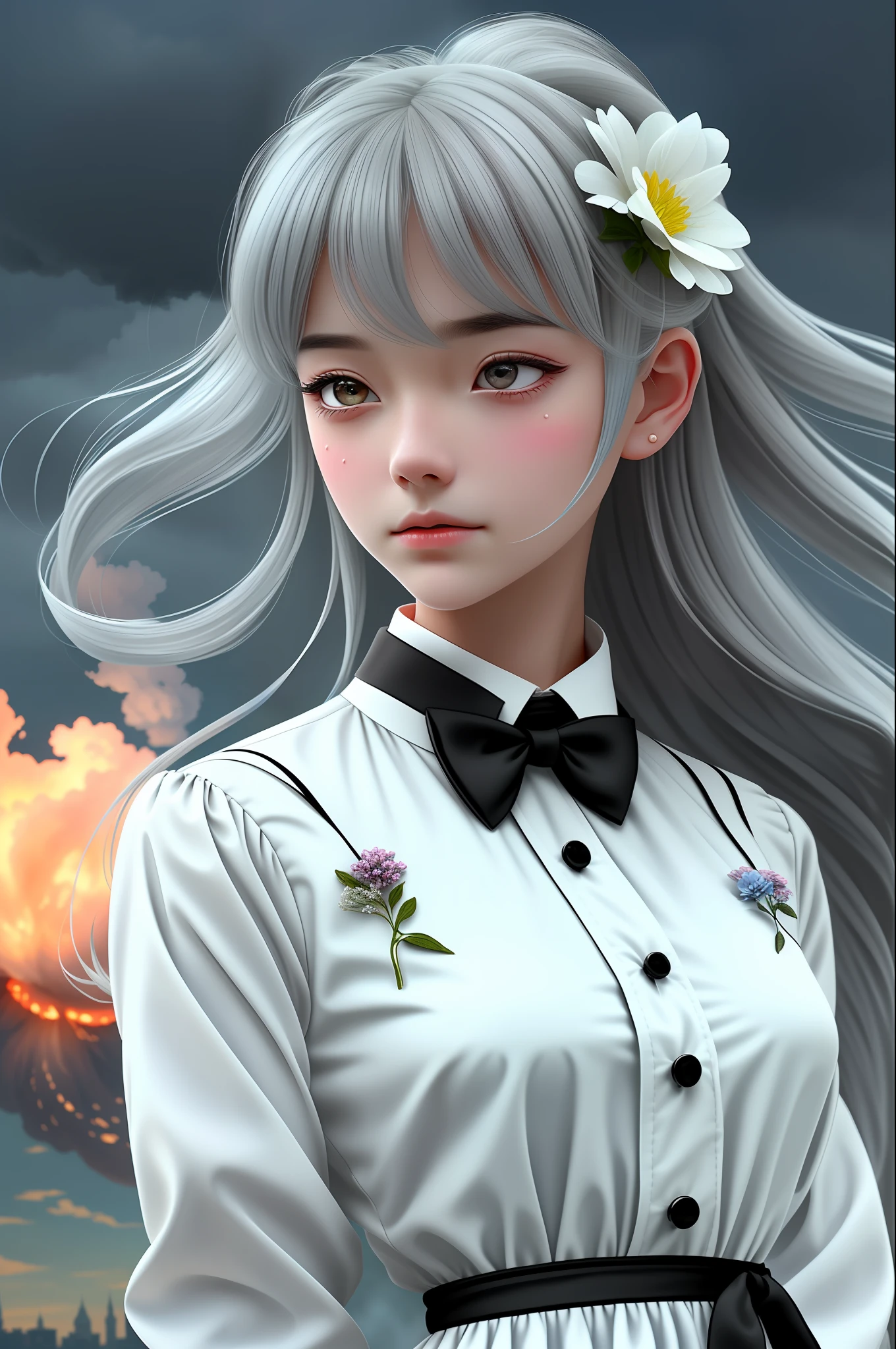 Masterpiece, delicate, illustration, {beautiful and detailed girl}, beautiful and detailed aura, (fire of war: 1.2), (nuclear explosion in background: 1.3), rain, detail lighting, detail water, (beautiful and detailed eyes: 1.1), expression, palace, sky blue hair, scattered hair, long bangs, eyebrows, (white-gray dress: 1.1), black ribbon, white bow tie, upper abdomen, large forehead, dark flowers, long sleeves, she is crying out heartbreakingly