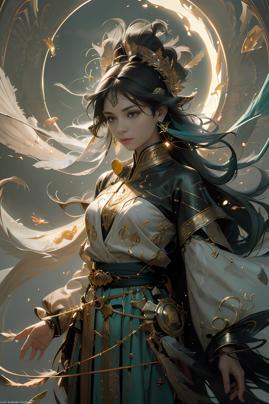 (highest quality, award-winning, masterpiece: 1.5), ultra-high resolution, (a fair-skinned girl: 1.2), long black hair, long hair floating (gorgeous face), calm, green long dress, turquoise, tribal ornaments, (feathers in hair: 0.4), headdress: 0.33, emerald, obsidian, detailed clothes, realistic skin texture, (floating particles, water swirls, embers, rituals, whirlwinds, wind: 1.2), clear focus, volumetric lighting, good highlights, good shadows, subsurface scattering, complex, highly detailed, ((film)), dramatic, (realism: 1.5), background canyon, full body