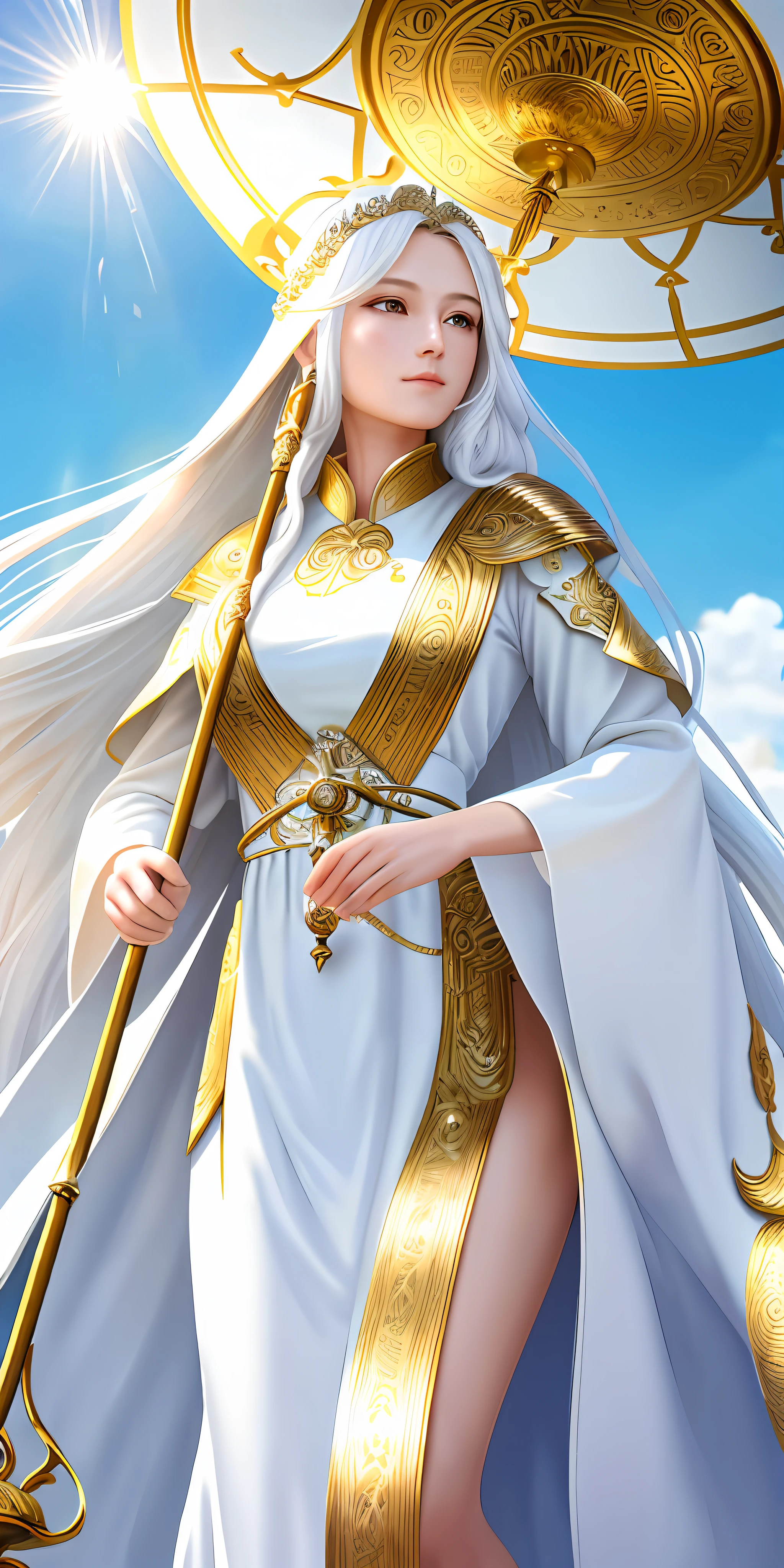 masterpiece, best quality, ultra-detailed, goddess, white robe, long hair, gold hair, staff, sun shine, blue sky