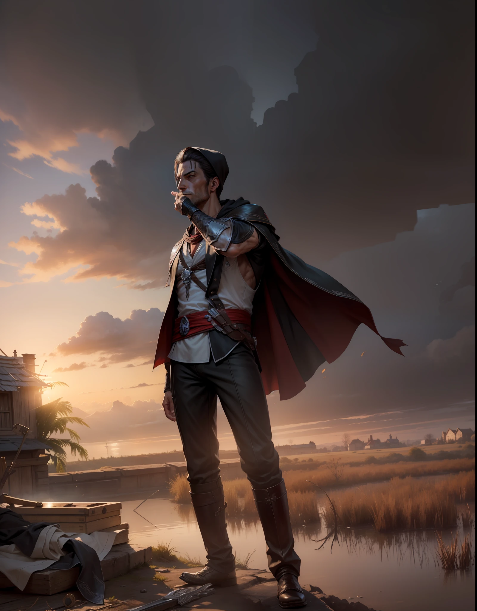 (realistic, high, ultra detailed), 1 male, young face, mature, manly, tall muscular, handsome, finely detailed eyes, intricate details, portrait, solo, (full body:1), detailed background, (assassins creed), (master assassin), (black rugged leather assassin clothes), (big robe), (hooded cape), house, town, sewers in background, dirt, roof, wood box, --auto --s2