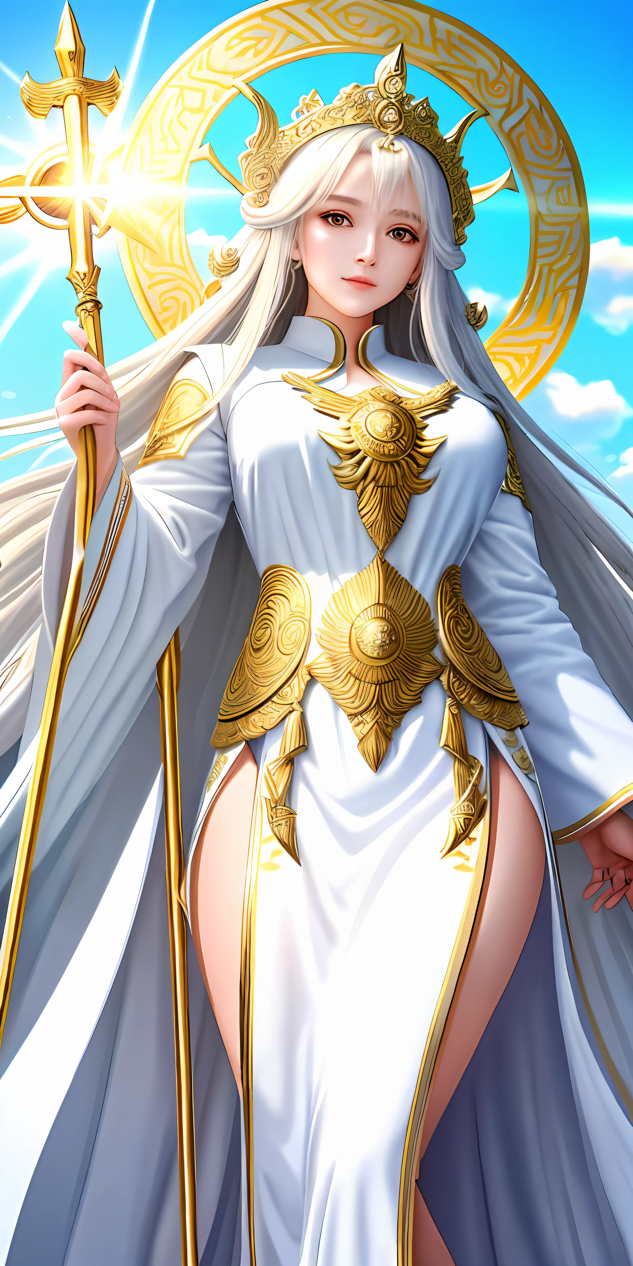 masterpiece, best quality, ultra-detailed, goddess, white robe, long hair, gold hair, staff, sun shine, blue sky