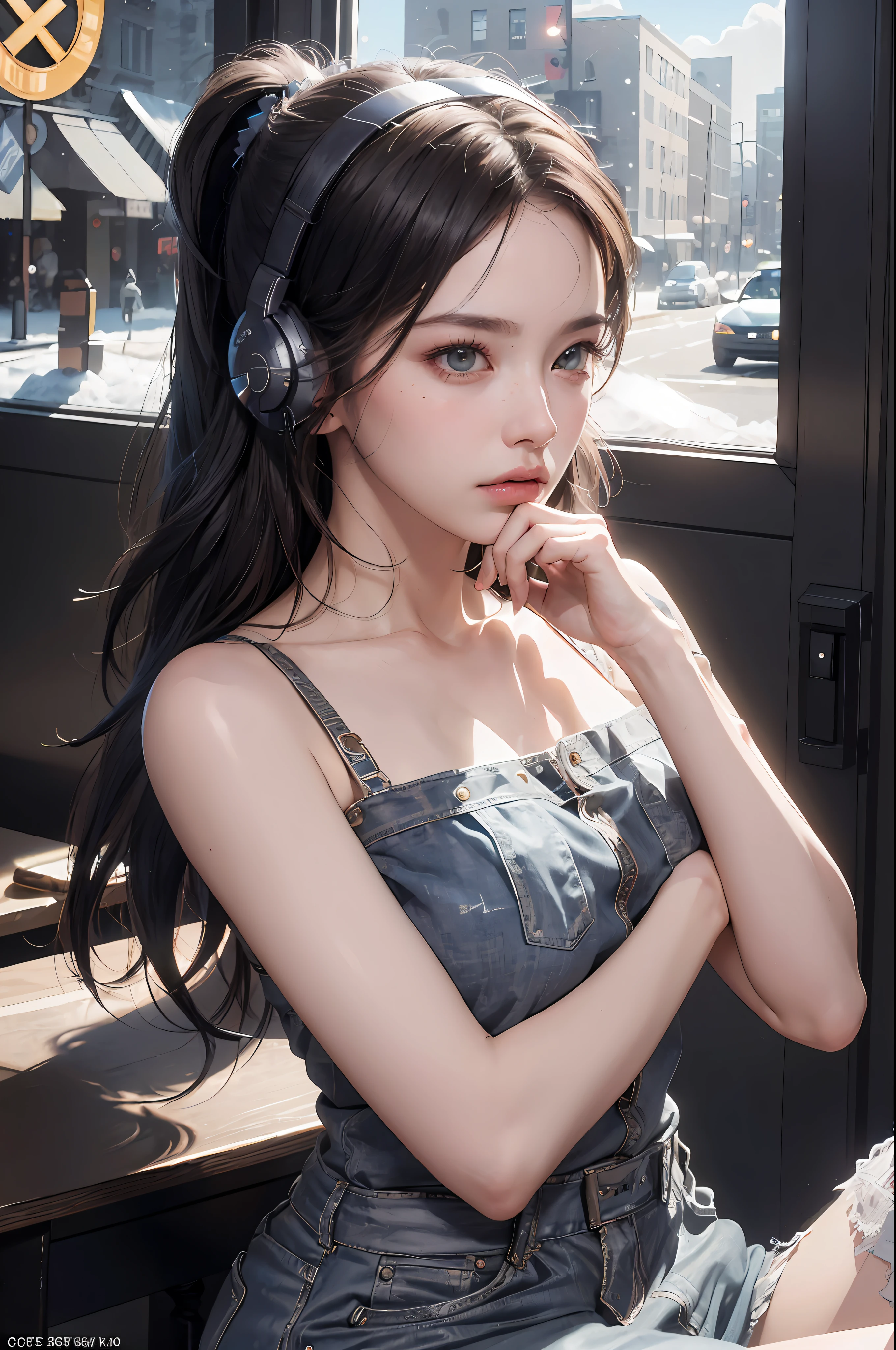 RAW, (8k, best quality, masterpiece: 1.2), (complex detail: 1.4), (photorealism: 1.4), octane rendering, complex 3d rendering super fine, studio soft light, edge light, vibrant detail, super fine, (realistic skin texture: 2), beautiful delicate face, beautiful delicate eyes, extremely detailed CG uniform 8k wallpaper, makeup, (perfect anatomy), (epic), (masterpiece, top quality, best quality, official art, Aesthetics and aesthetics: 1.2), very detailed, colorful, highest detail (super detail)), (highly detailed CG illustration), (very delicate and beautiful), (viewed from the side), cinematic light, city, 1 girl, solo, headphones, cyberpunk