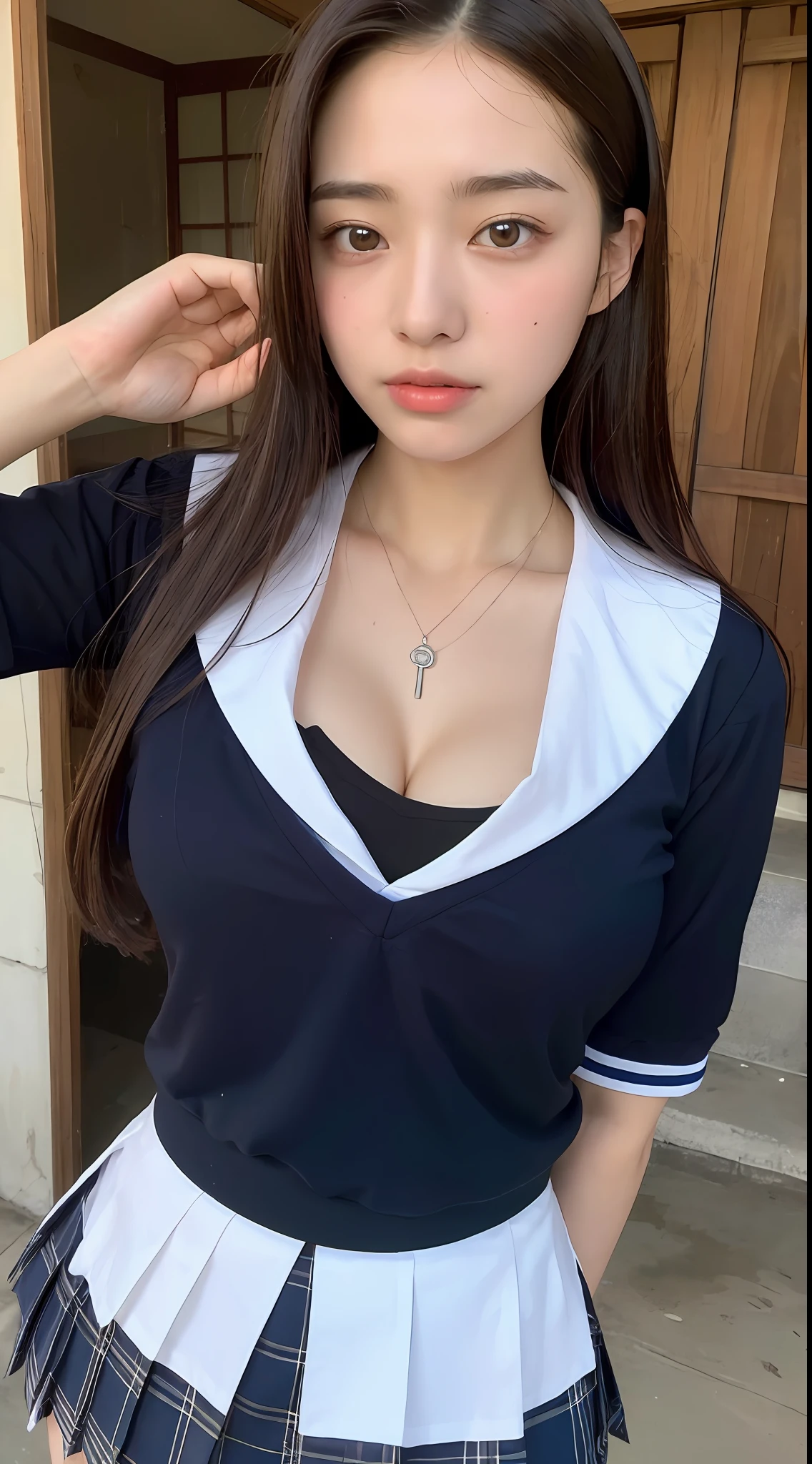 ((Top Quality, 8K, Masterpiece: 1.3)), Beautiful Women with Perfect Figure: 1.4, Dark Brown Hair, Big, Exposed Cleavage, Pendant, ((Wearing Japan Junior High School Uniform)), ((Japan Schoolgirl)), at the festival, very detailed face and skin texture, detailed eyes, double eyelids, wet body: 1.2, (sweat Breasts: 1.2)